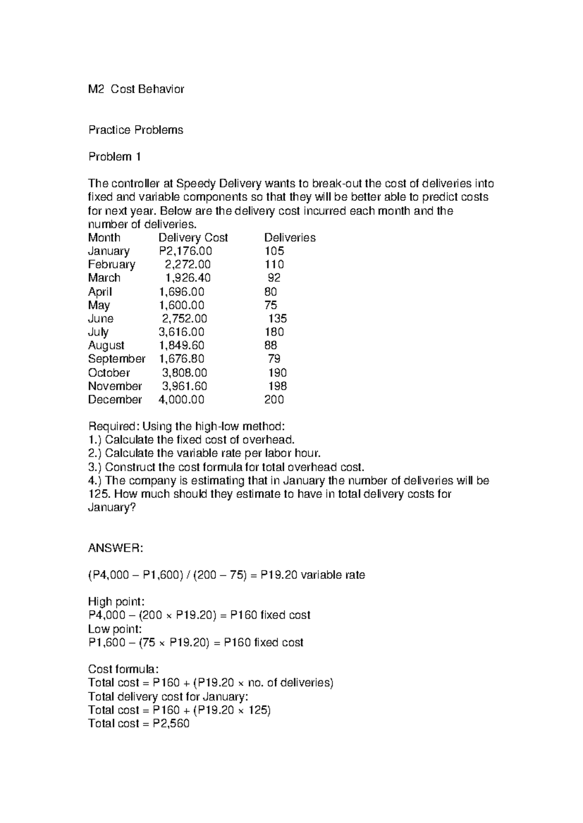 M2 Cost Behavior Practice Problems and Solutions - Studocu