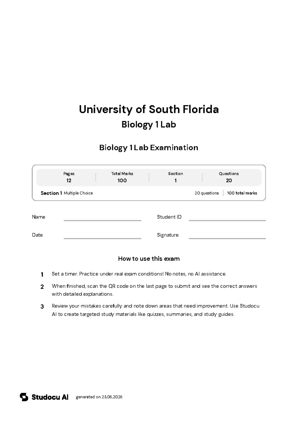 Biology 1 Lab Final Exam - Studocu
