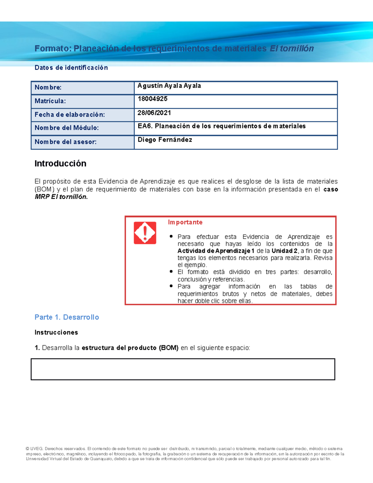 Módulo EA6: Planeación de Requerimientos de Materiales - Tornillón - Document Preview