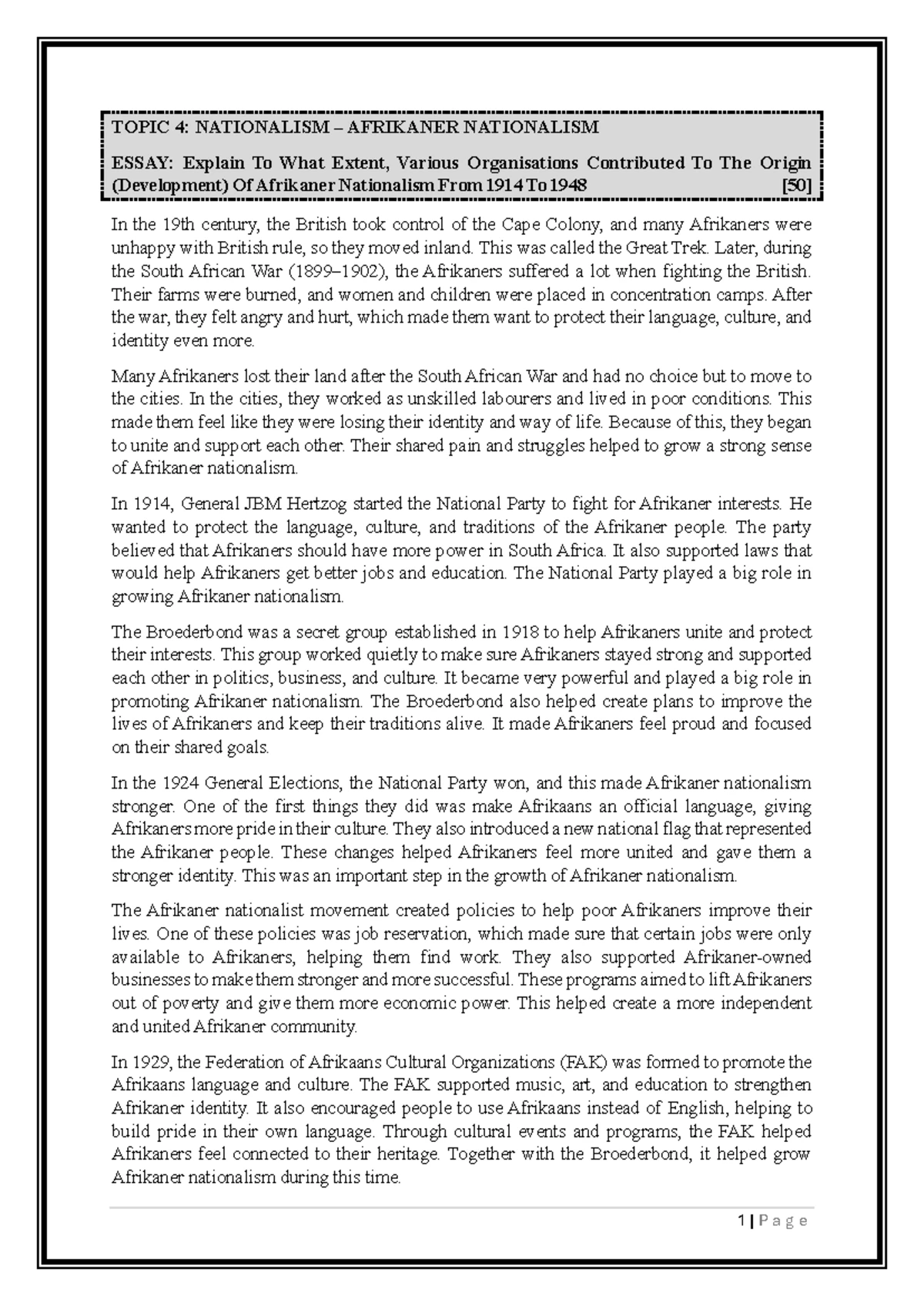 Topic 5 Apartheid South Africa Essay 1 Grade 11 - TOPIC 5: APARTHEID ...