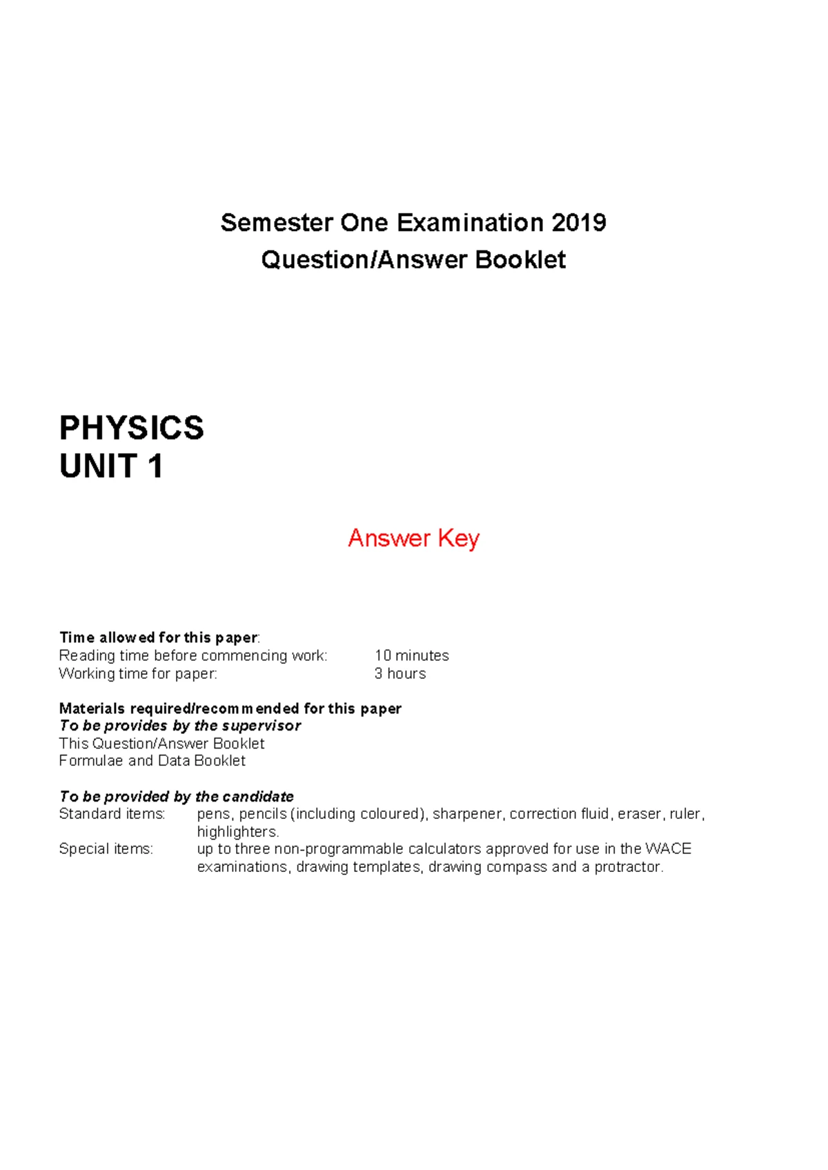 Physics year 11 ATAR unit 1 exam WA - Semester One Examination 2019 ...