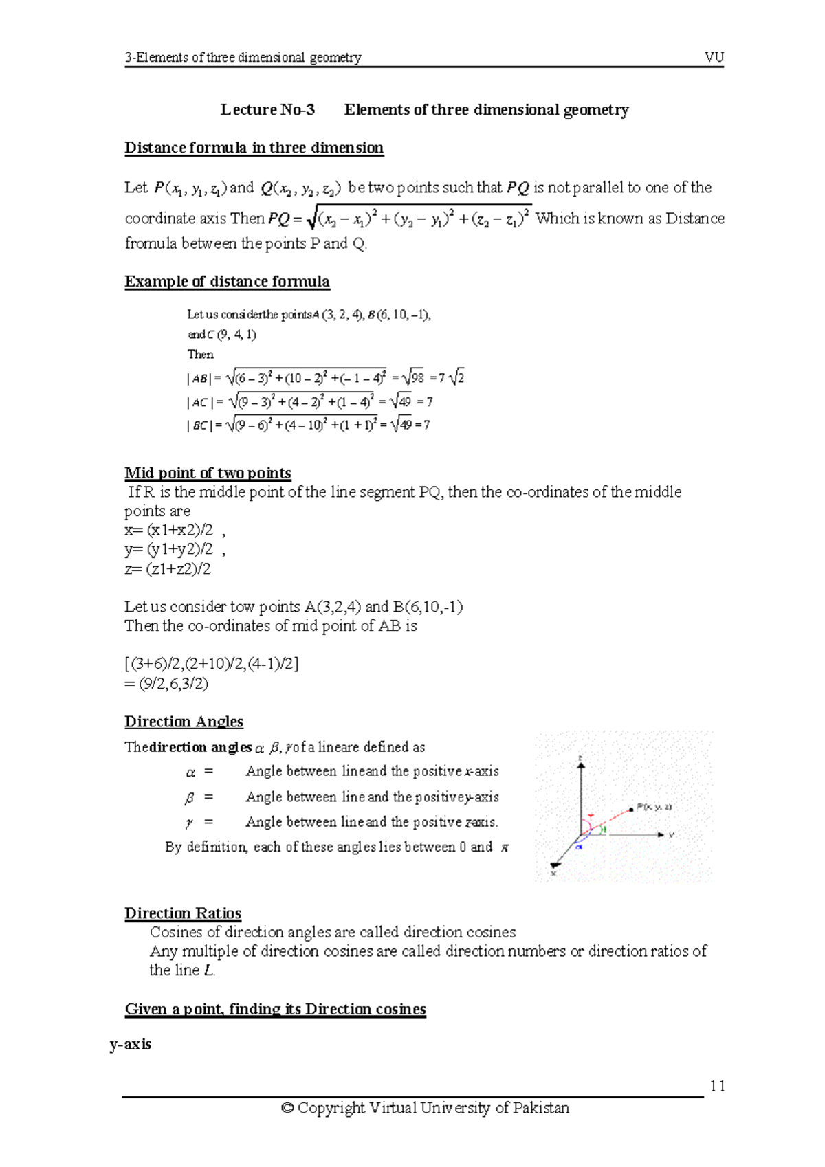 MTH301 Lecture: Elements of 3D Geometry and Distance Formula - Studocu