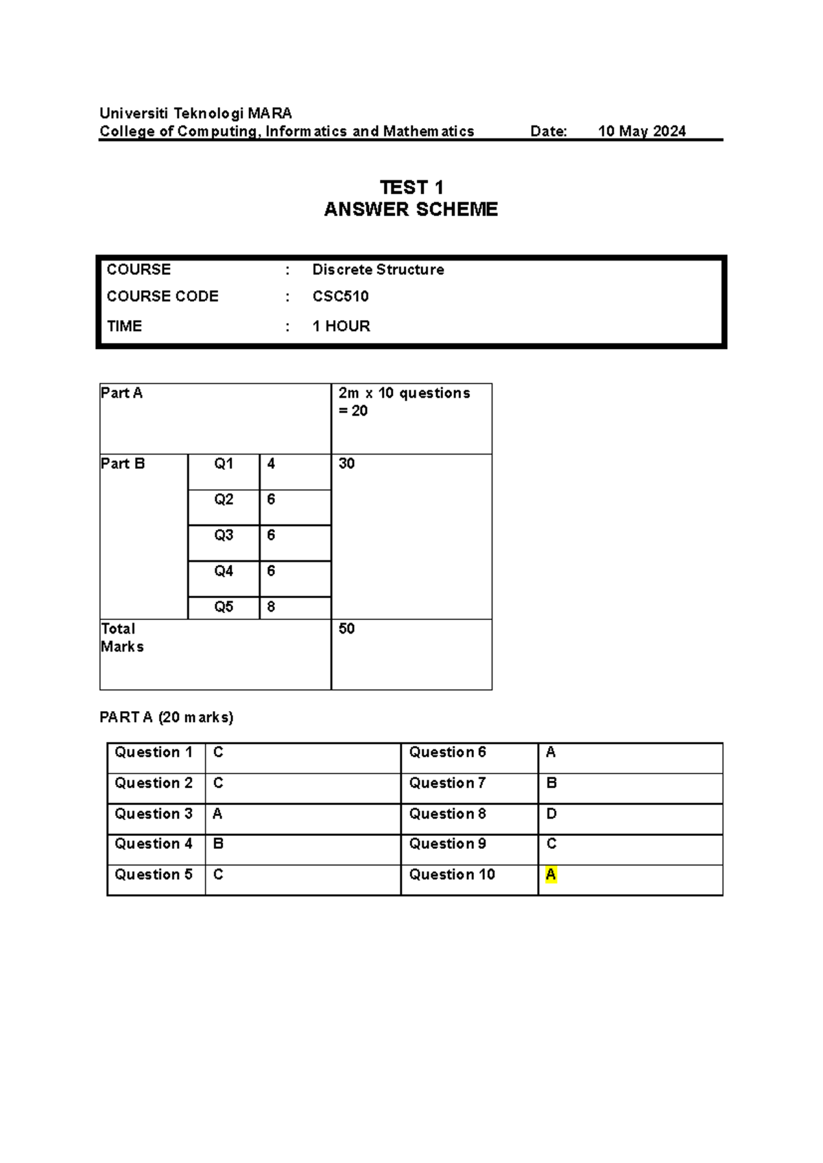 2024 Mar CSC510 Discrete Structure Test 1 Answer Key - Studocu