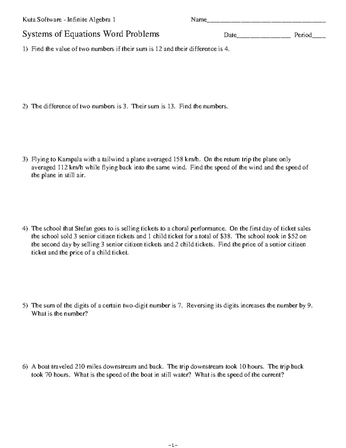 Kuta Software Infinite Algebra 1: Systems of Equations Word Problems ...