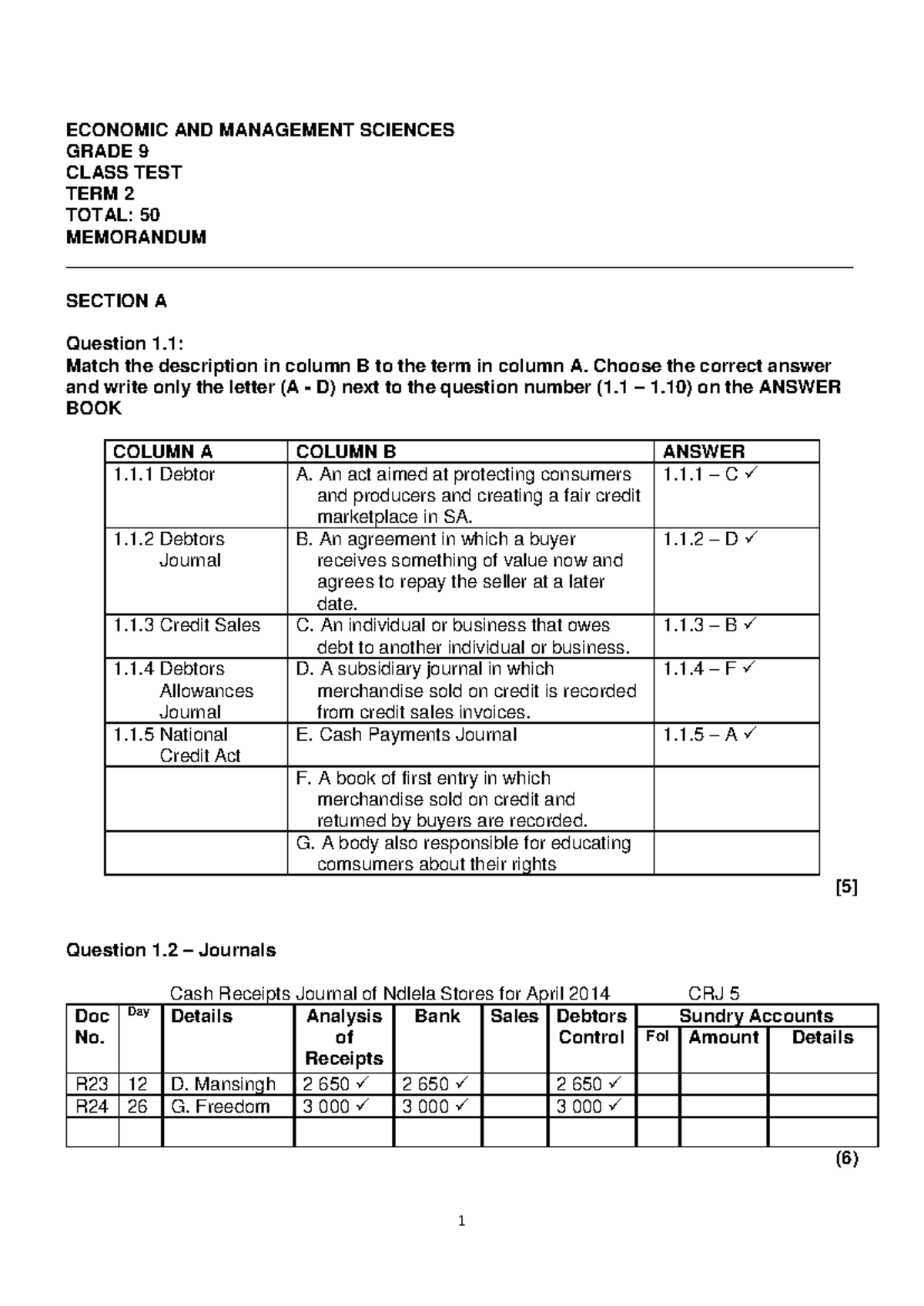 Grade 9 EMS Term 2 Class Test Corrections & Memorandum - Studocu
