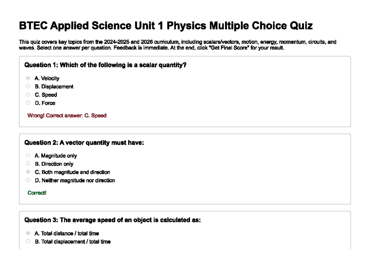 BTEC Applied Science Unit 1 Physics MC Quiz - Key Concepts Review - Studocu