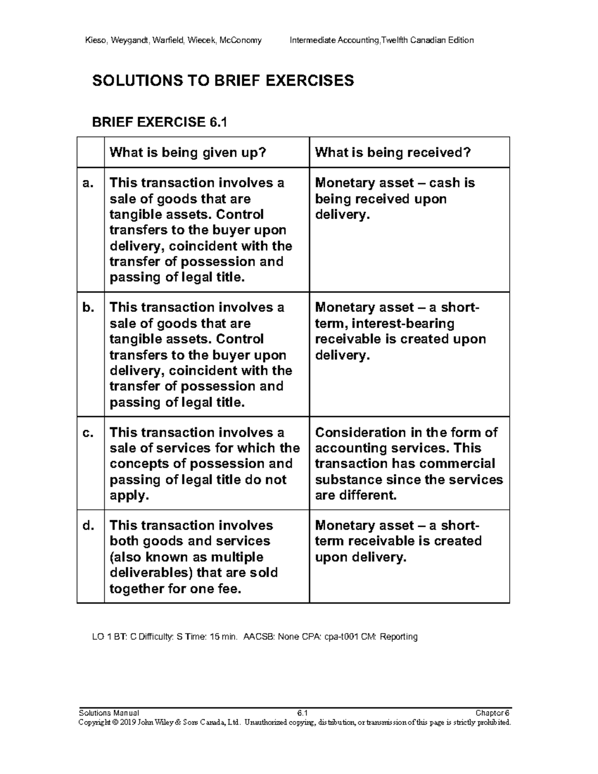 Intermediate Accounting (ACC 301) Selected Solutions to Brief Exercises ...
