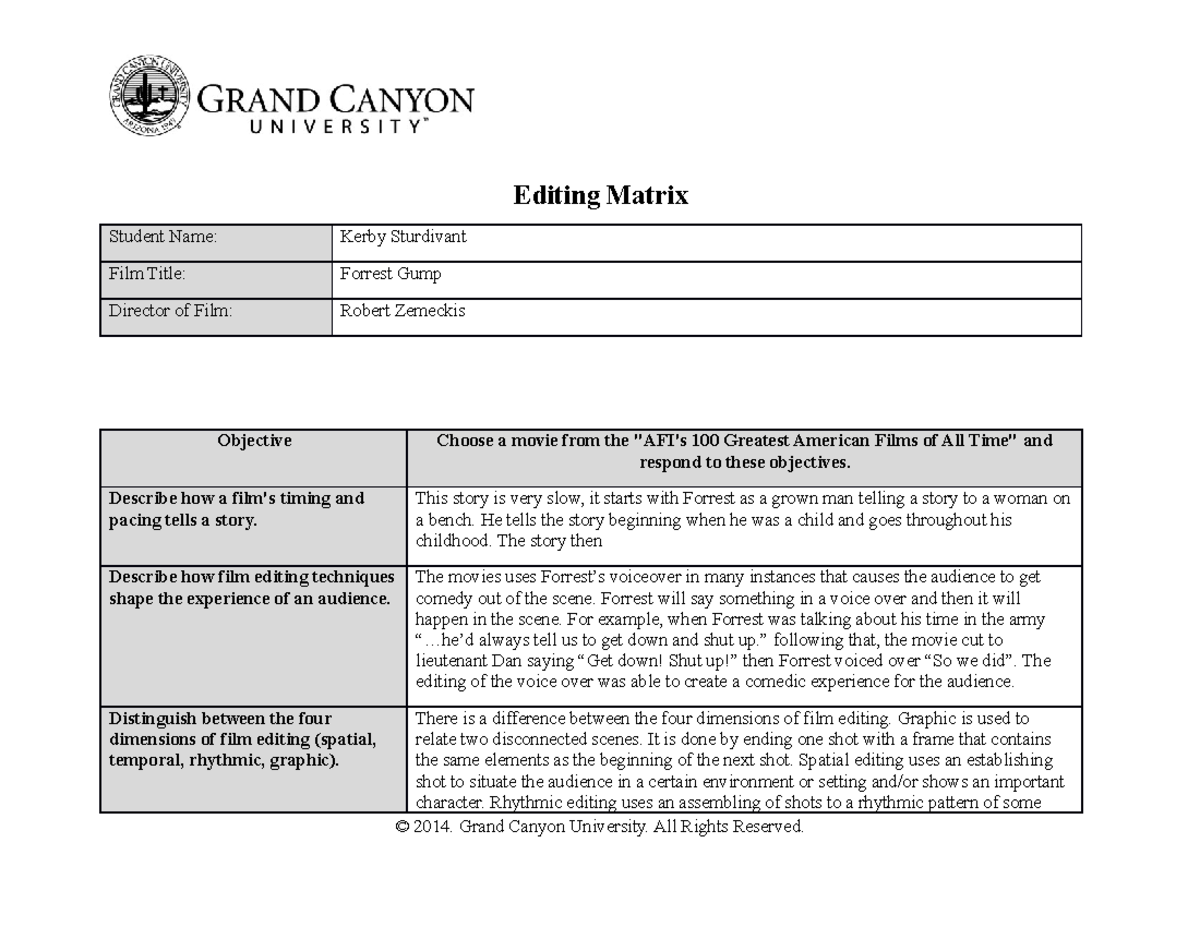 Editing matrix - Editing Matrix Student Name: Kerby Sturdivant Film ...
