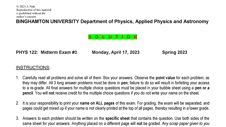 PHYS 122: Midterm Exam 3 Solutions - Spring 2023 - Studocu