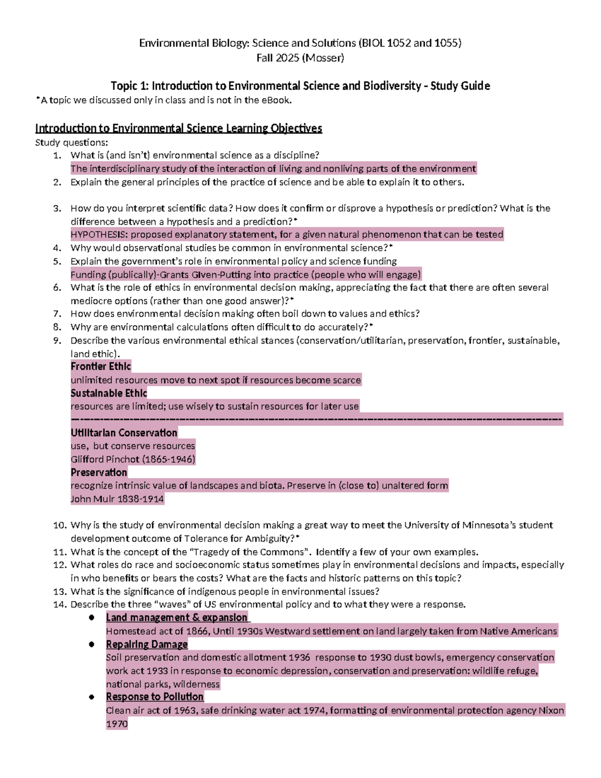 Environmental Biology Study Guide (BIOL 1052 & 1055) - Fall 2025 - Studocu