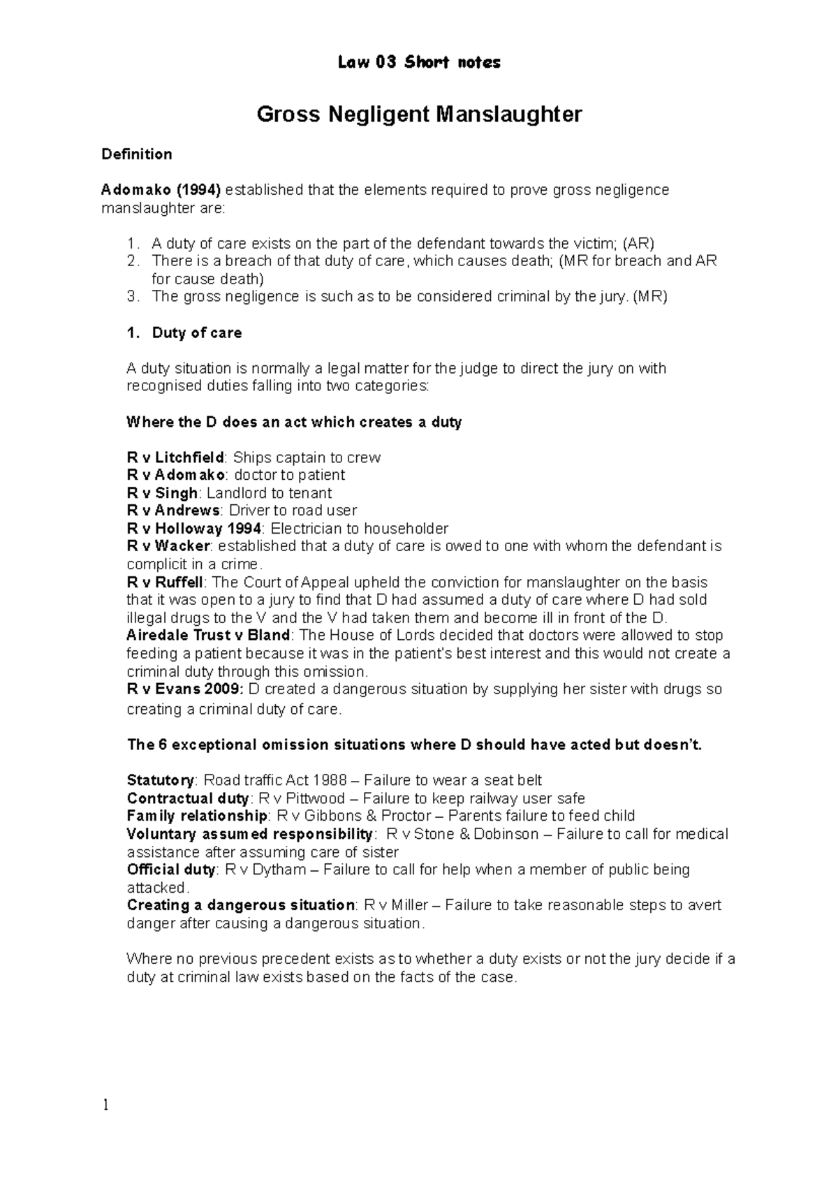 Law 03: Gross Negligence Manslaughter Short Notes Analysis - Studocu