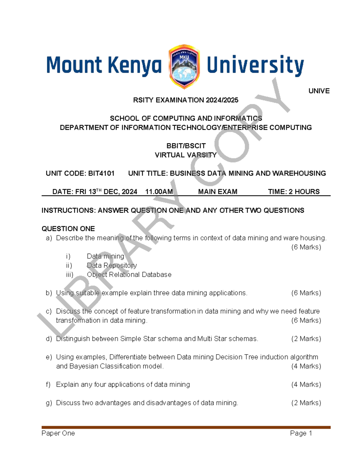 BIT4101 Business Data Mining and Warehousing Final Exam Guide - Studocu
