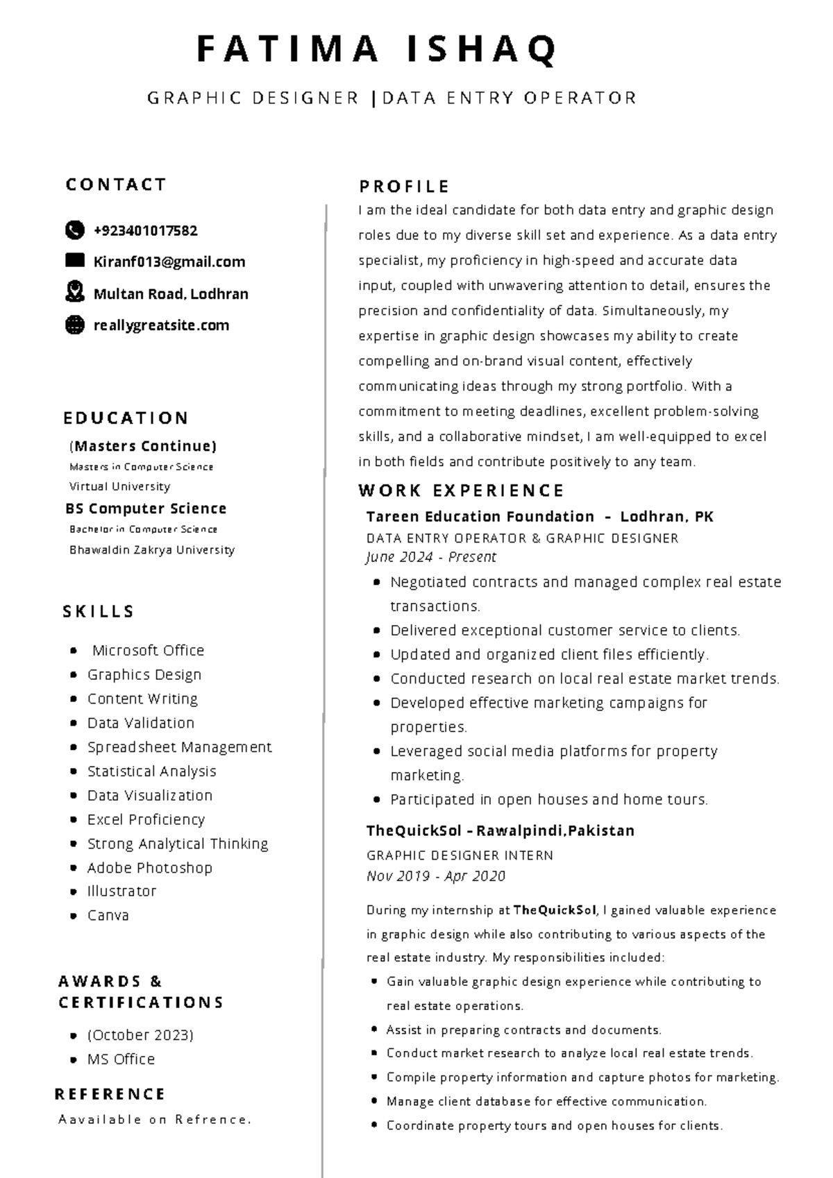 Fatima Graphic Designer Resume - G R A P H I C D E S I G N E R | D A T ...