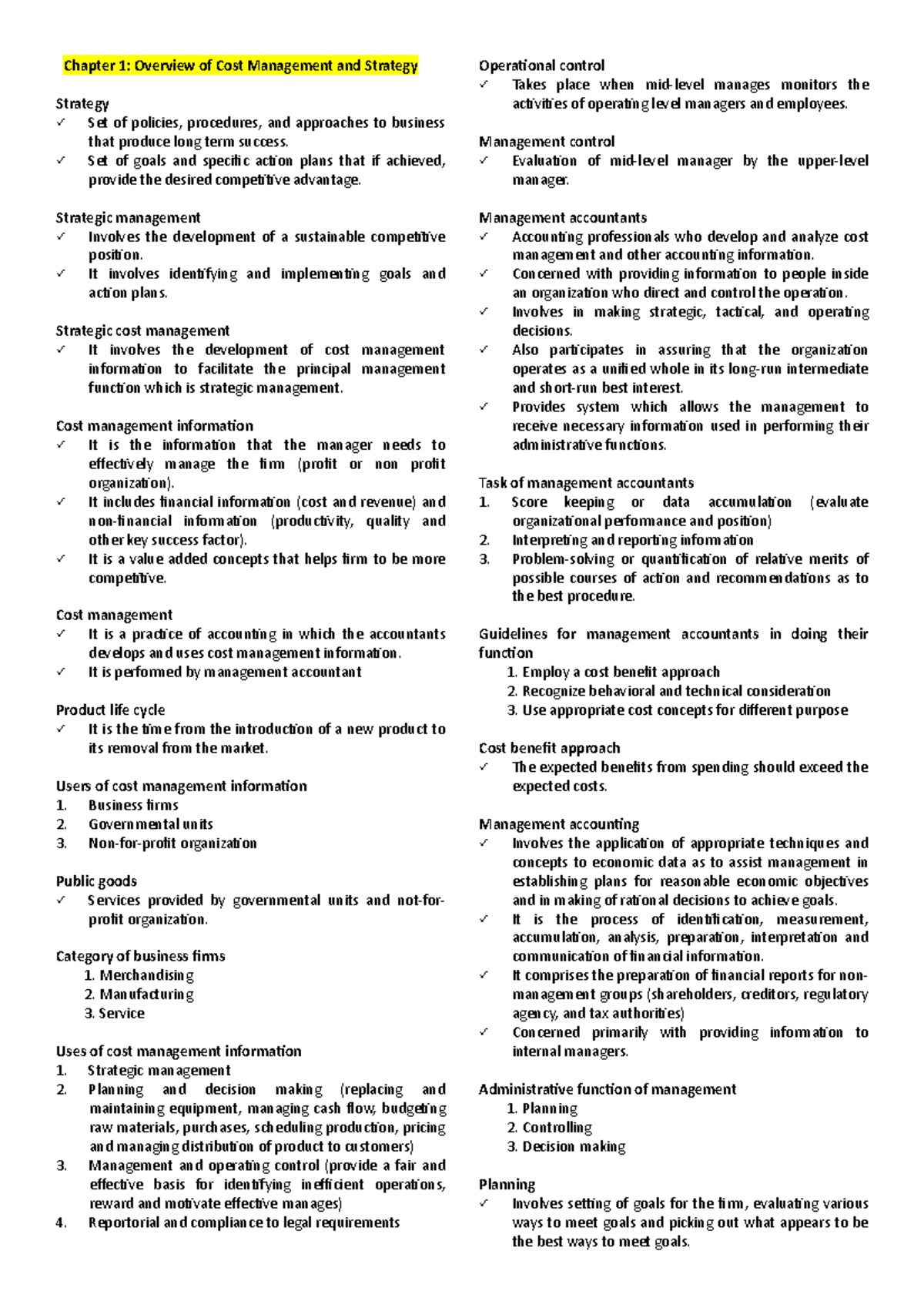 Chapters 1-4: Strategic Cost Management Review Notes - Studocu