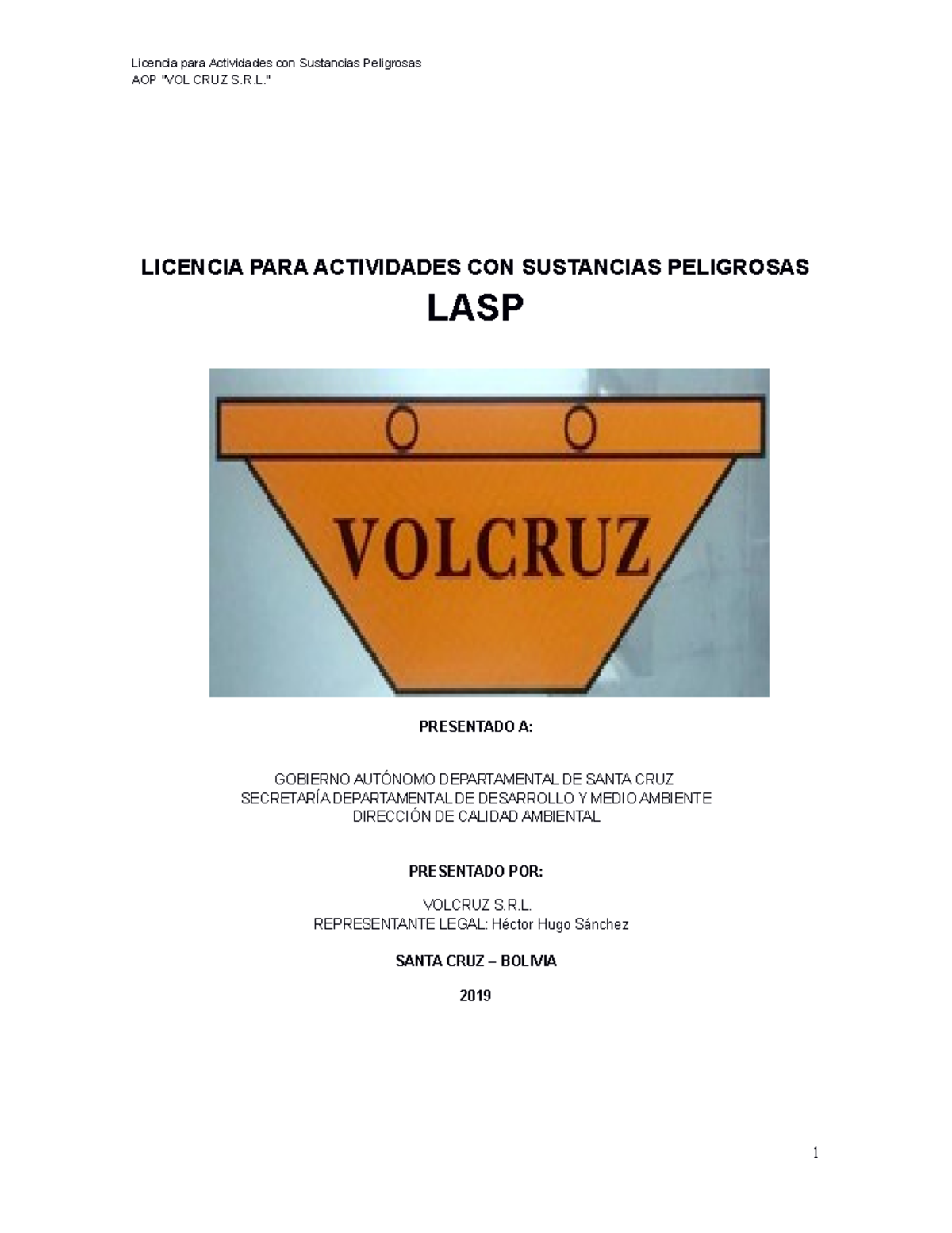 AOP VOL CRUZ S.R.L.: Licencia y Normativas para Sustancias Peligrosas - Document Preview