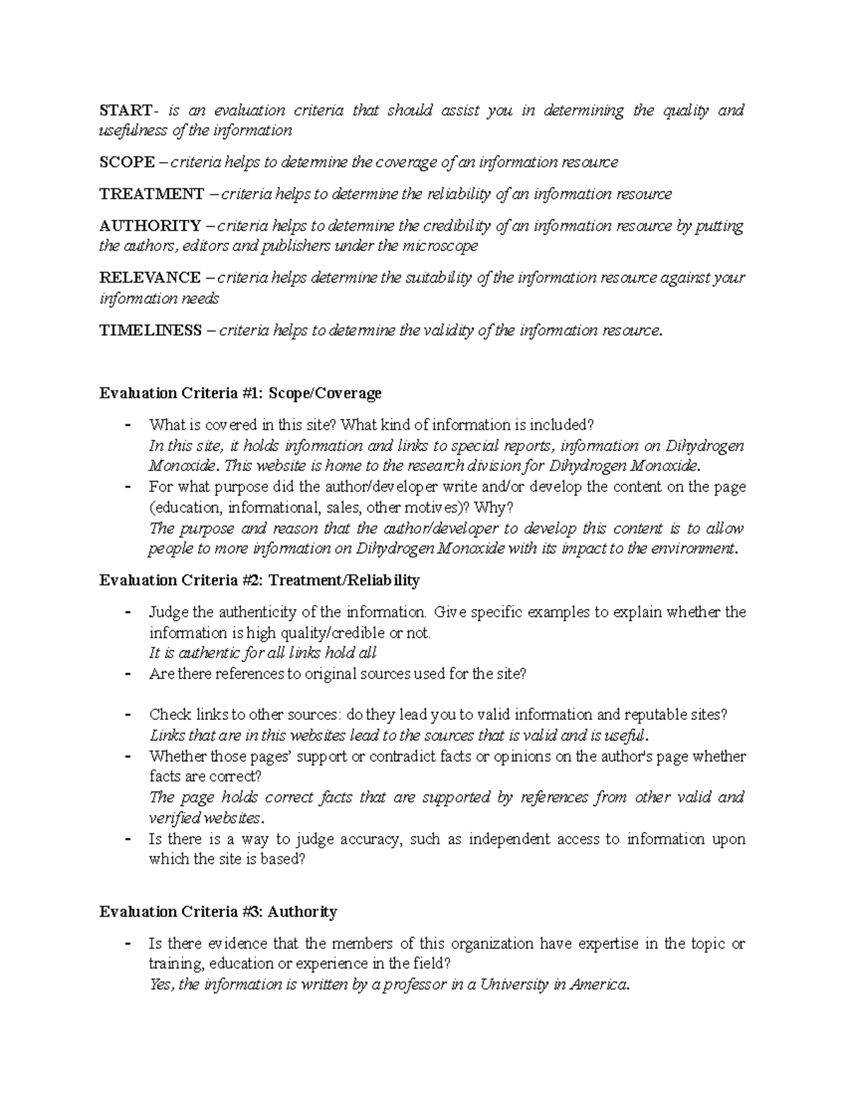 START Method: Evaluation Criteria for Quality Info Assessment - Studocu