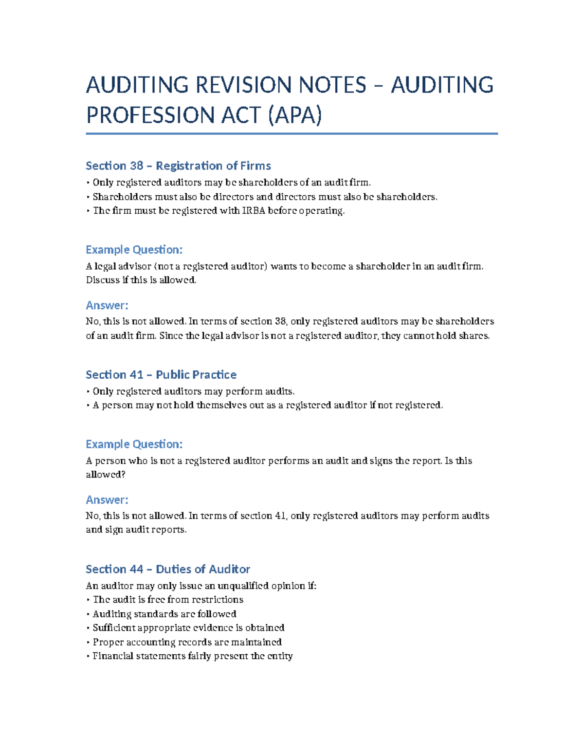 Auditing Revision Notes: APA Section 38 & 41 Overview - Studocu
