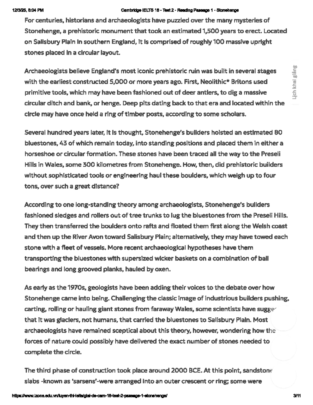 Cambridge IELTS 18 Test 1 Reading Passage 1: Stonehenge Mysteries - Studocu