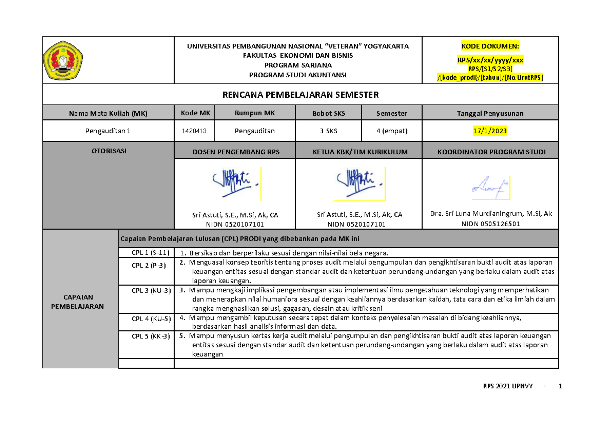 RPS 2021 UPNVY: Rencana Pembelajaran Semester Pengauditan 1 - Studocu