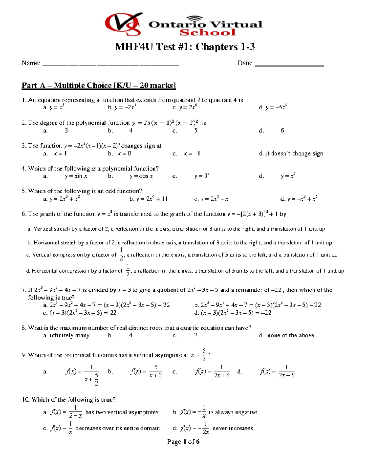 MHF4U Unit 1 Test #1: Chapters 1-4 Multiple Choice & Application - Studocu