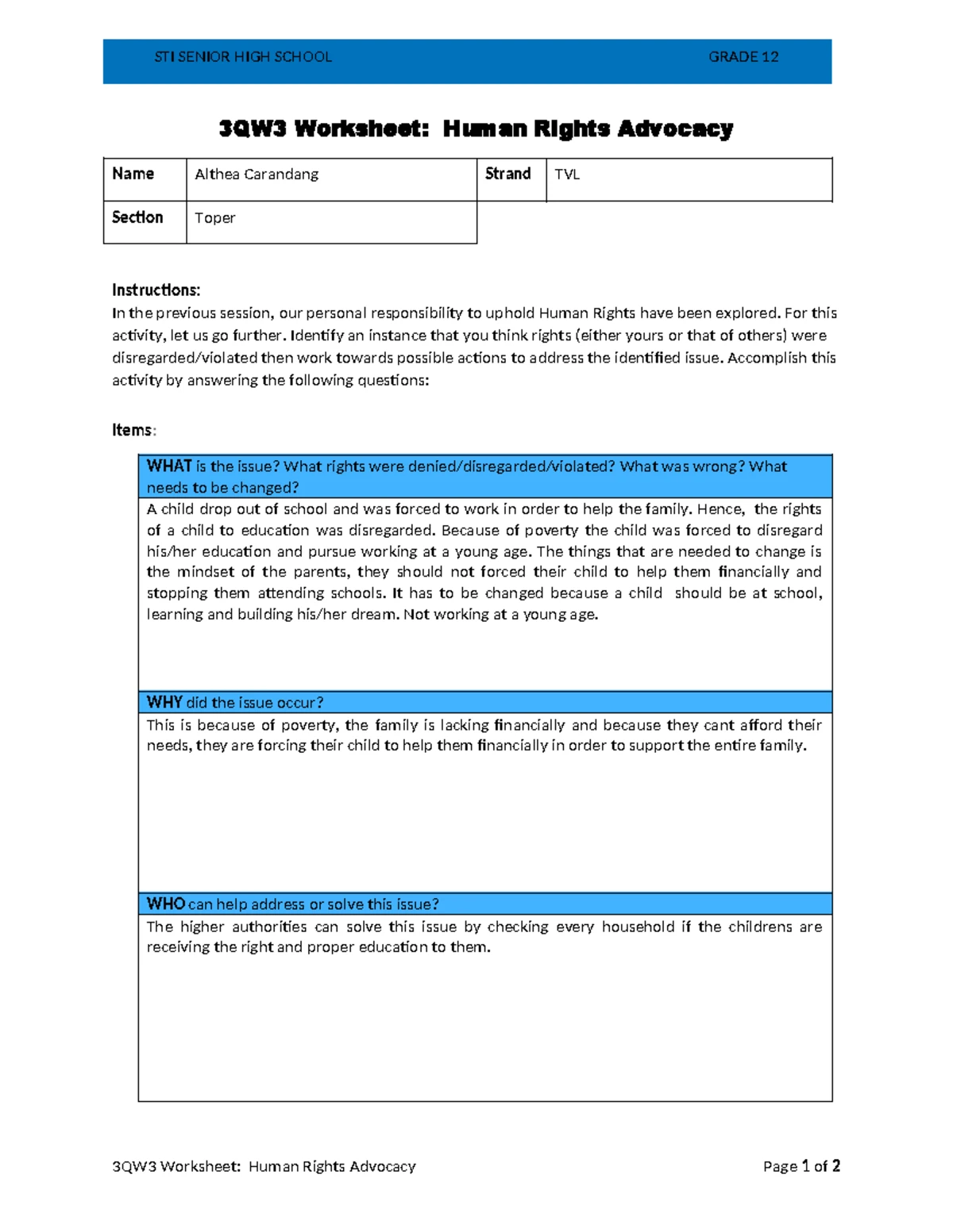 G123QW2 Worksheet: Personal Responsibilities Linked to Rights - Studocu
