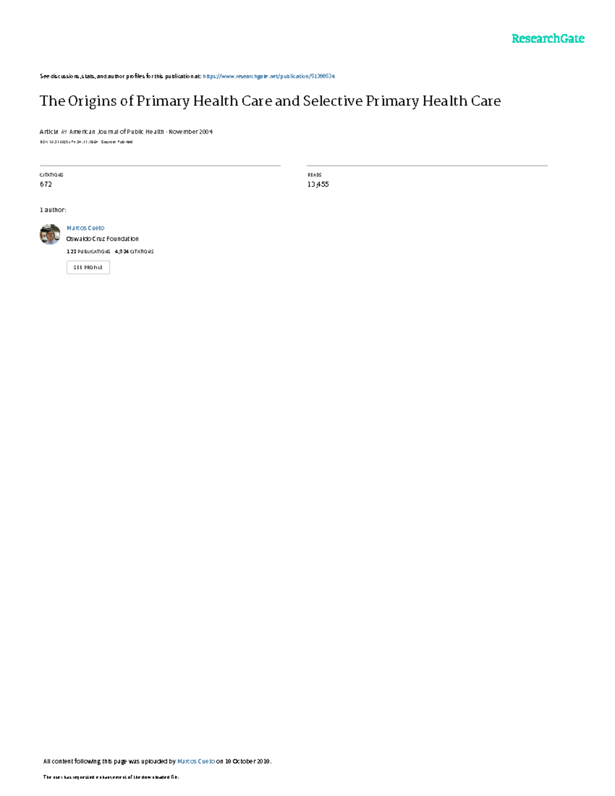 The Origins of Primary Health Care and Selective Primary Health Care ...