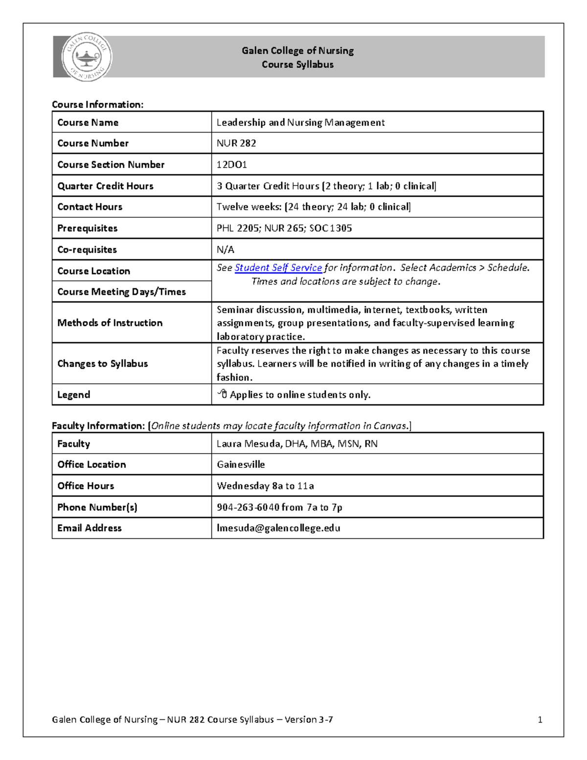 NUR 282 Course Syllabus: Leadership & Nursing Management Overview - Studocu