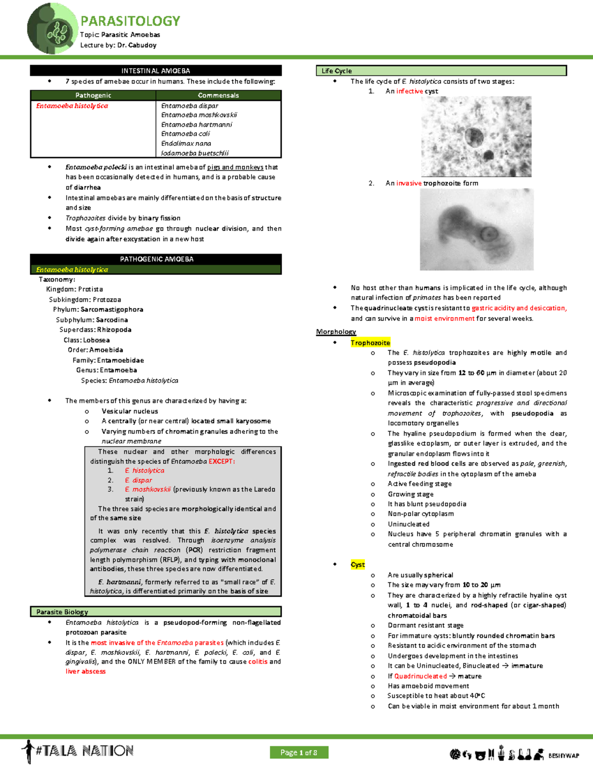 PARASITOLOGY 101: Parasitic Amoebas Lecture Notes by Dr. Cabudoy - Studocu