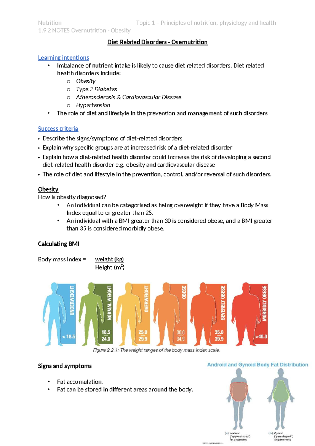 Nutrition Topic 1.8: Overnutrition & Obesity Notes - Studocu
