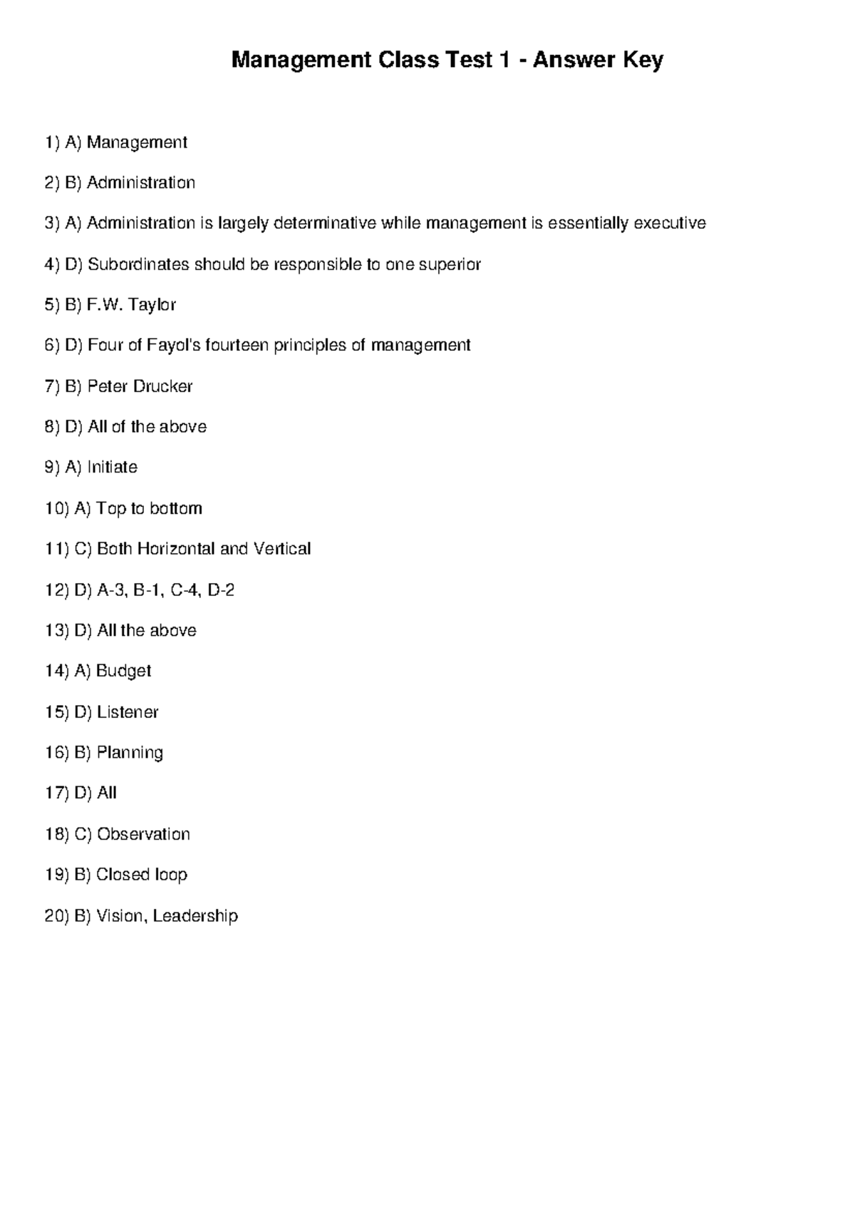 Management Class Test 1 Answers - Management Class Test 1 - Answer Key ...