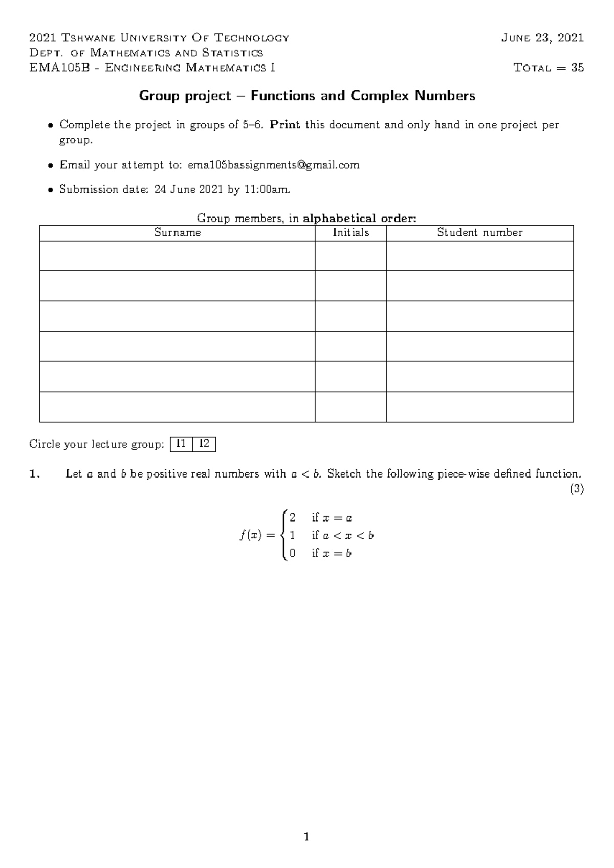 EMA105B Engineering Mathematics I Group Project on Functions & Complex ...