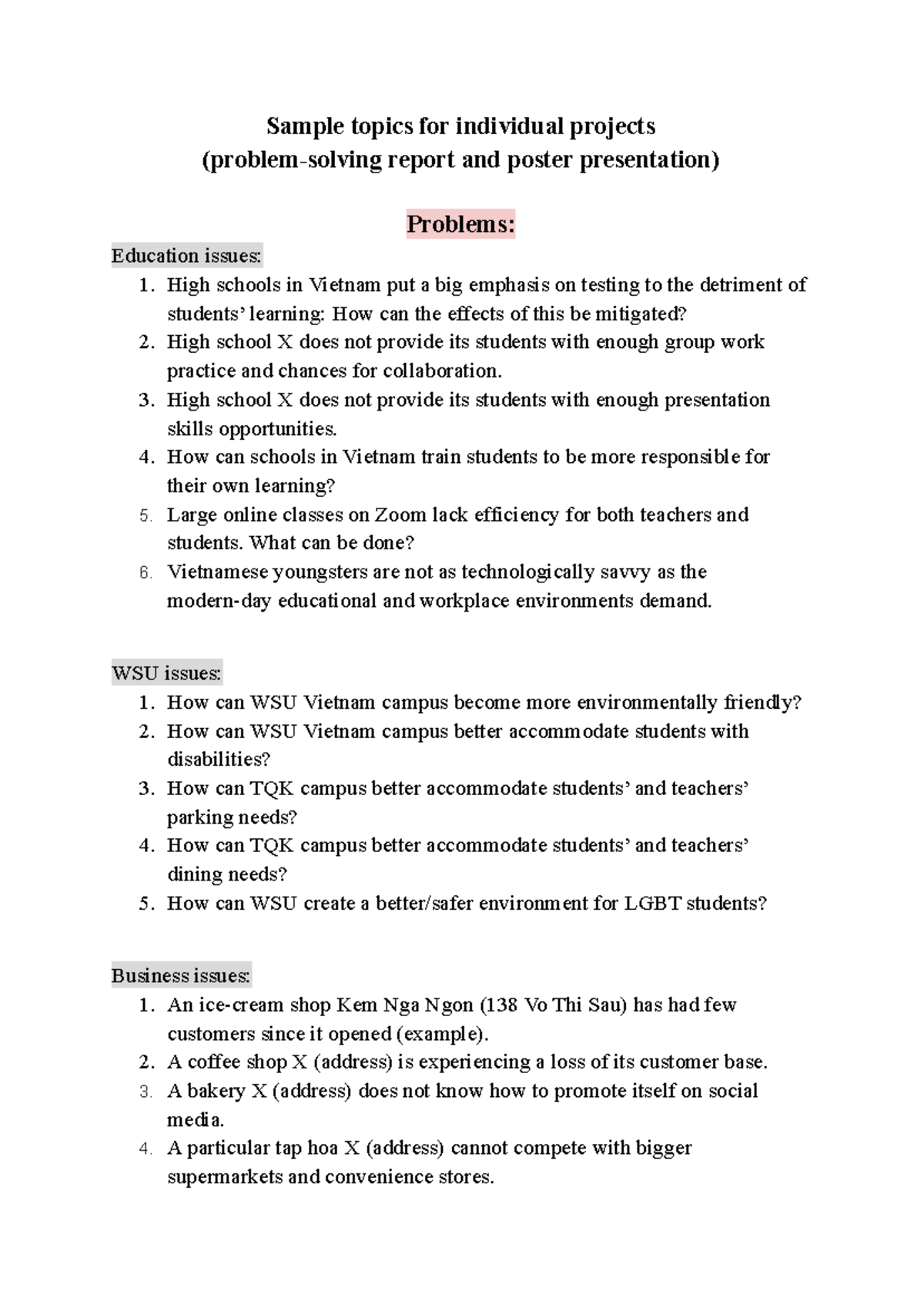Individual Project Topics for BAS T123: Problem-solving Report Ideas ...