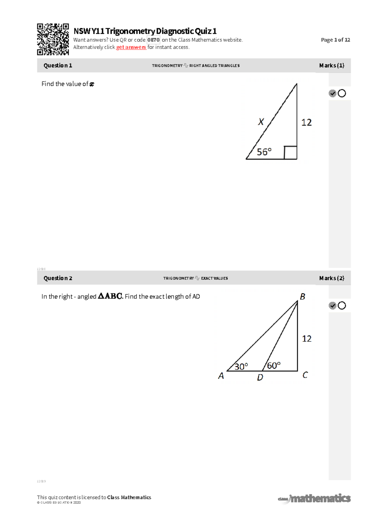 NSW Y11 Trigonometry Diagnostic Quiz I - Questions & Solutions 1347 ...
