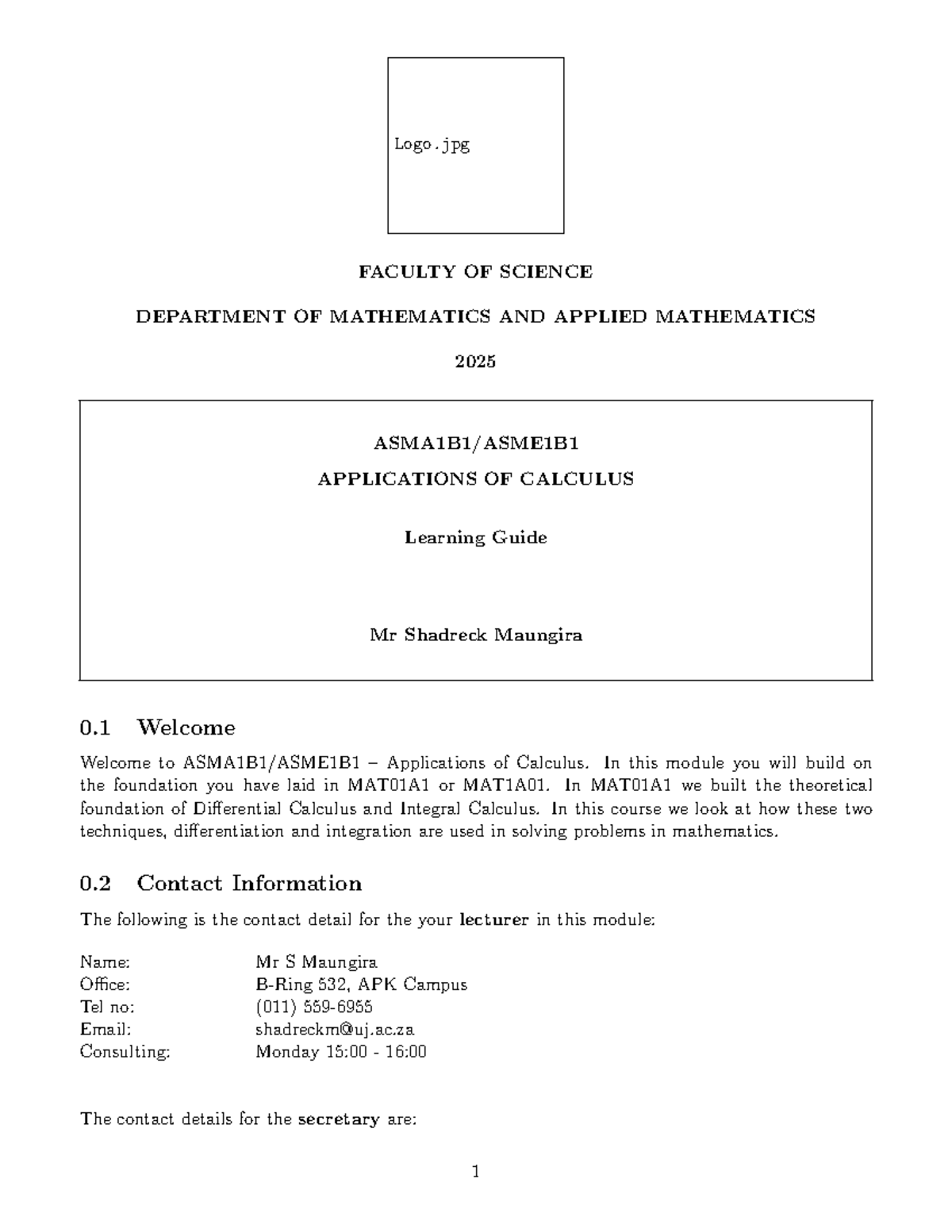 Applications of Calculus Learning Guide (MAT01A1) - 2025 Edition - Studocu