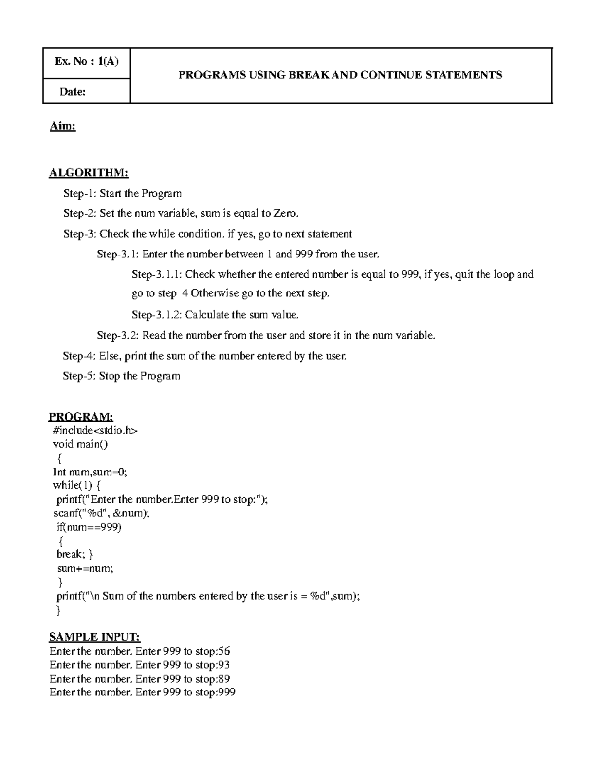 CS3362-C Programming and Data Structures Manual: Break, Continue, and ...