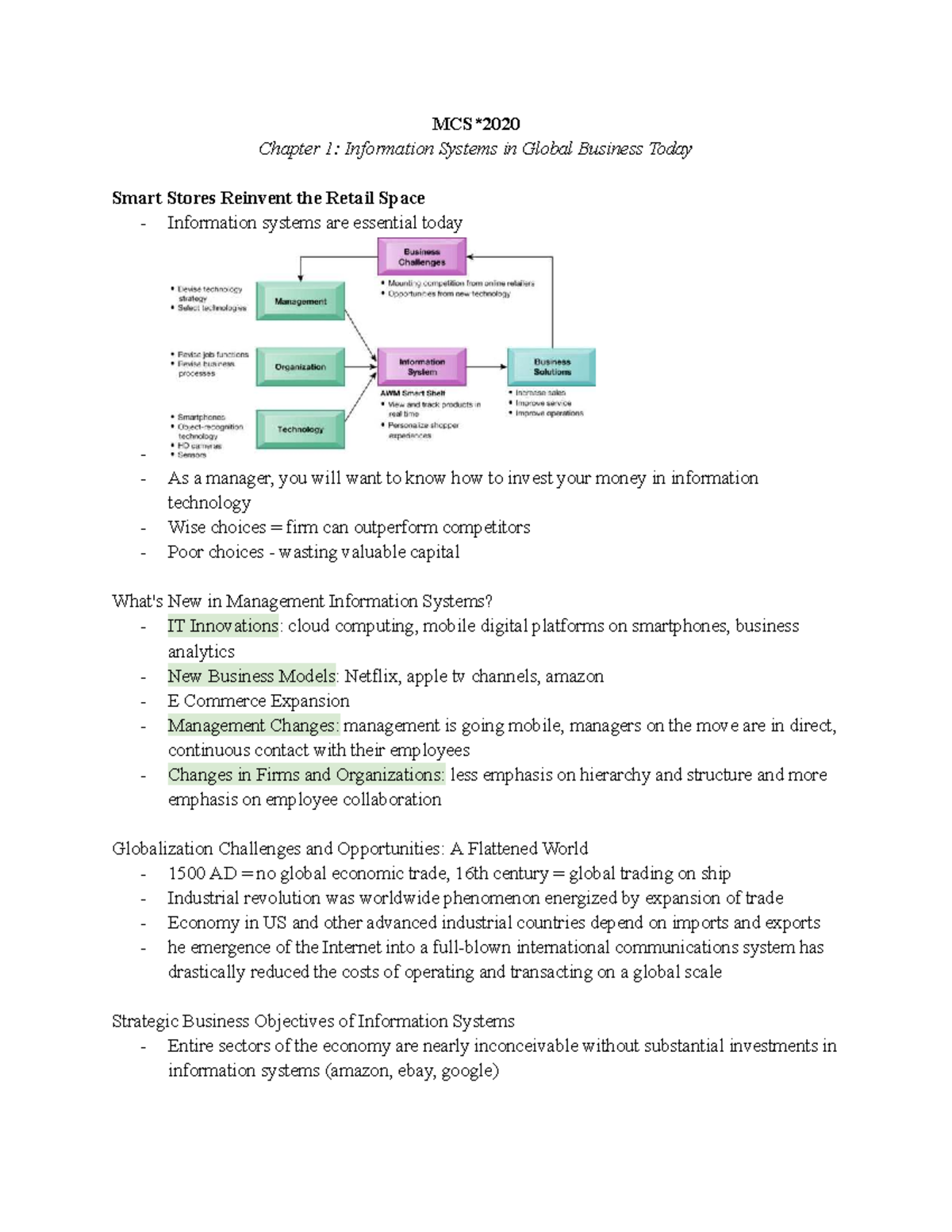 MCS 2020 Chapter 1: Information systems in global business today - Studocu