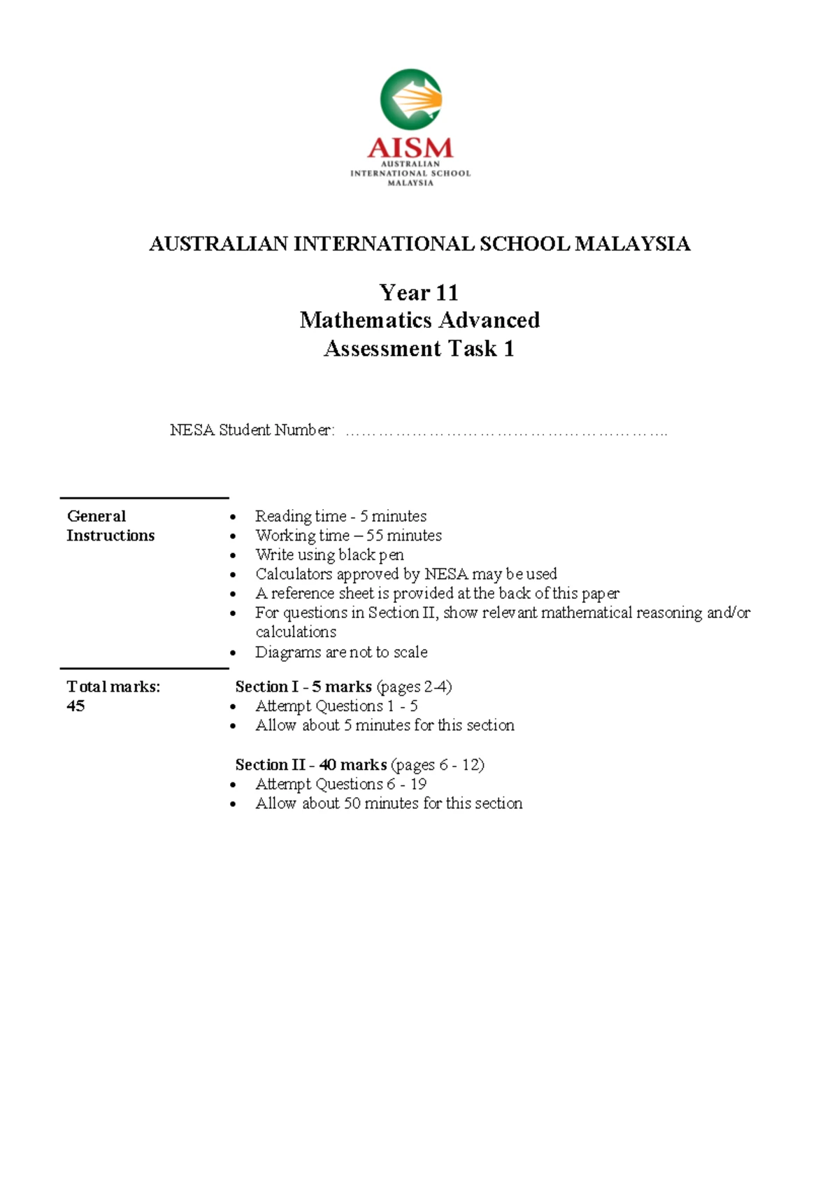 2020 Year 11 Mathematics Advanced Class Test (Assessment Task 1) - Studocu