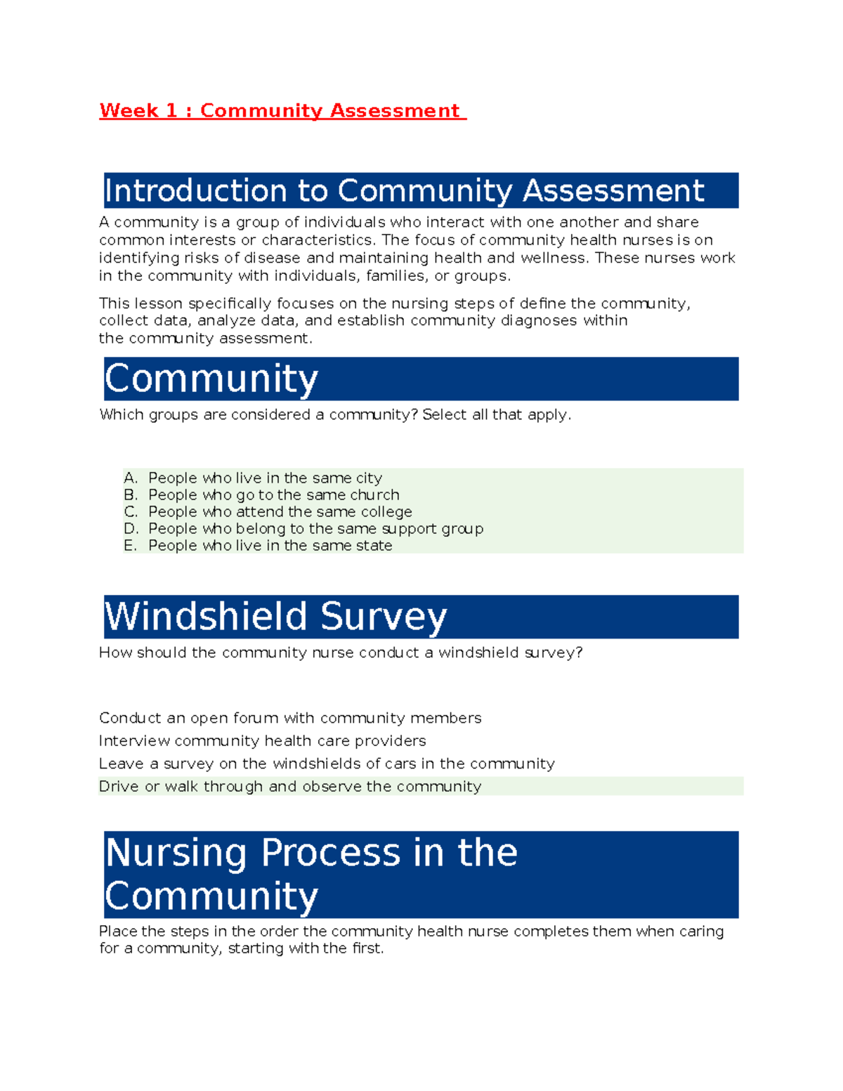 Week 1: Community Assessment Overview and Nursing Process - Studocu