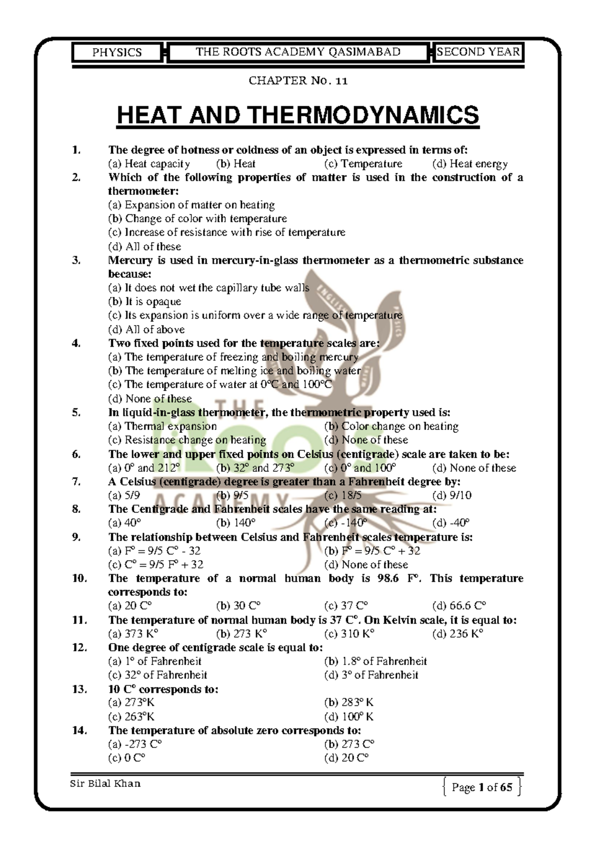 Physics II Final Exam MCQs on Heat and Thermodynamics - Studocu