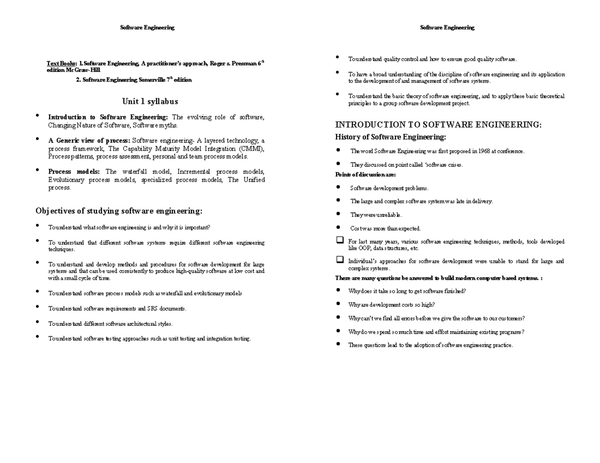 SE SEM 2 Final Exam Notes - Software Engineering Concepts and Models ...