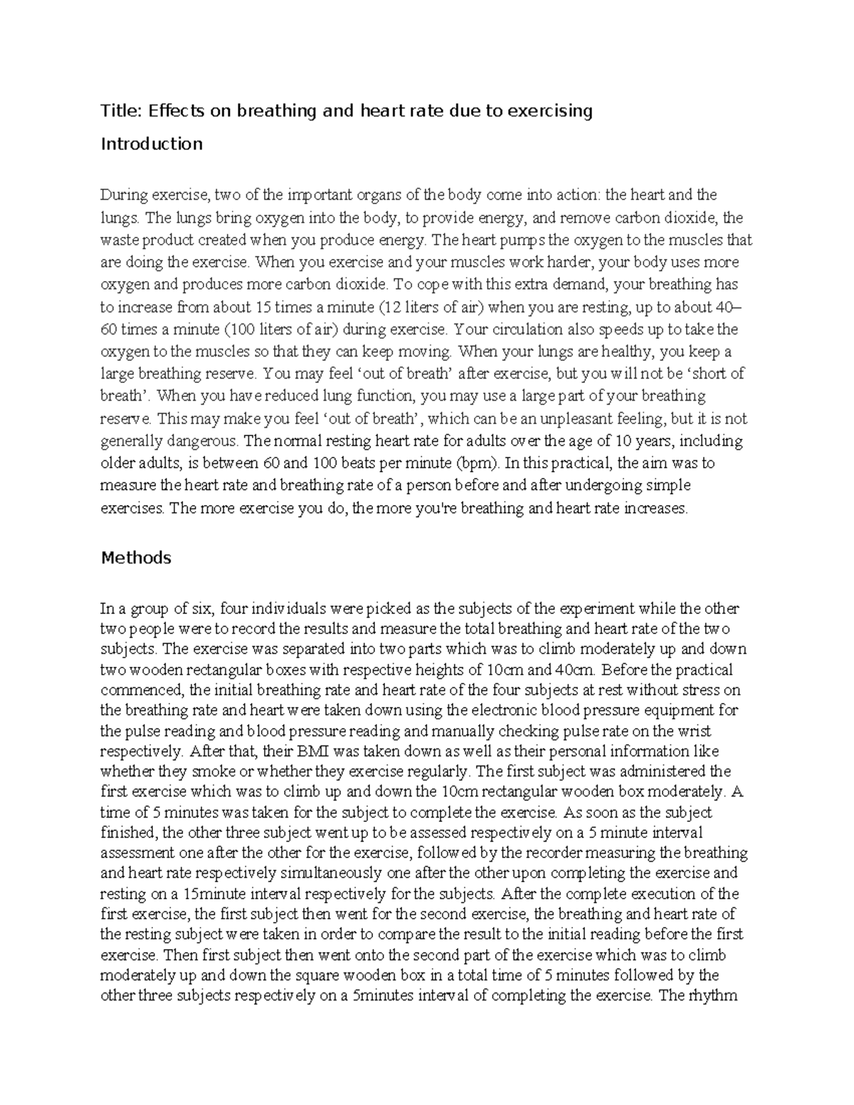 Biology Practical #2: Effects of Exercise on Heart & Breathing Rates ...