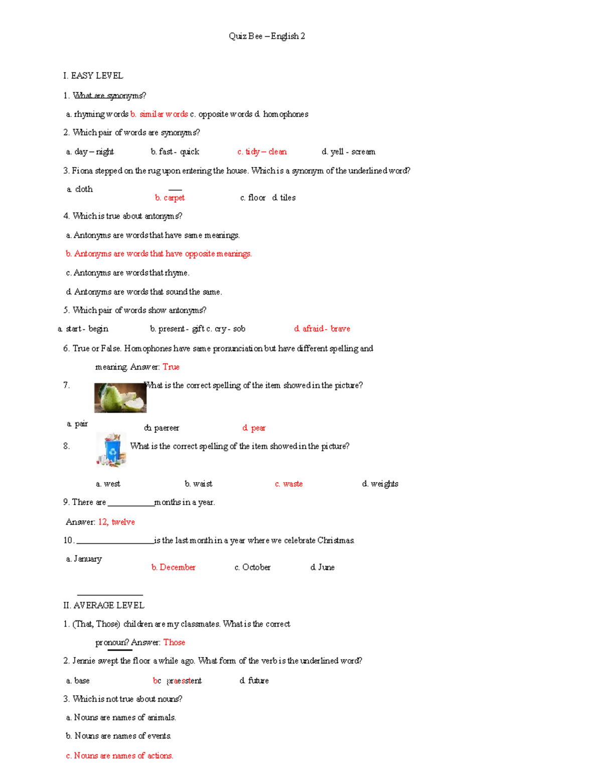 Quiz Bee English 2: Easy to Difficult Levels - Studocu
