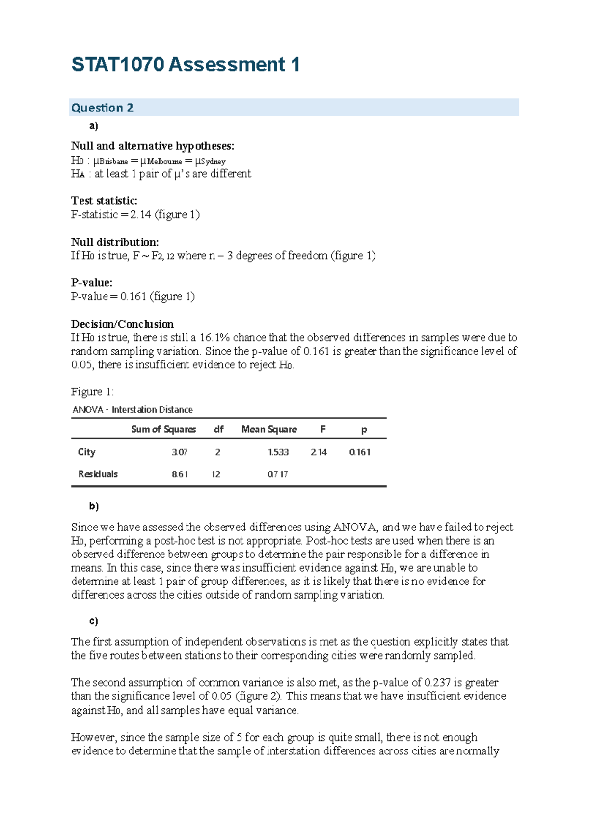 STAT1070 Assessment 1: ANOVA and Regression Analysis Insights - Studocu