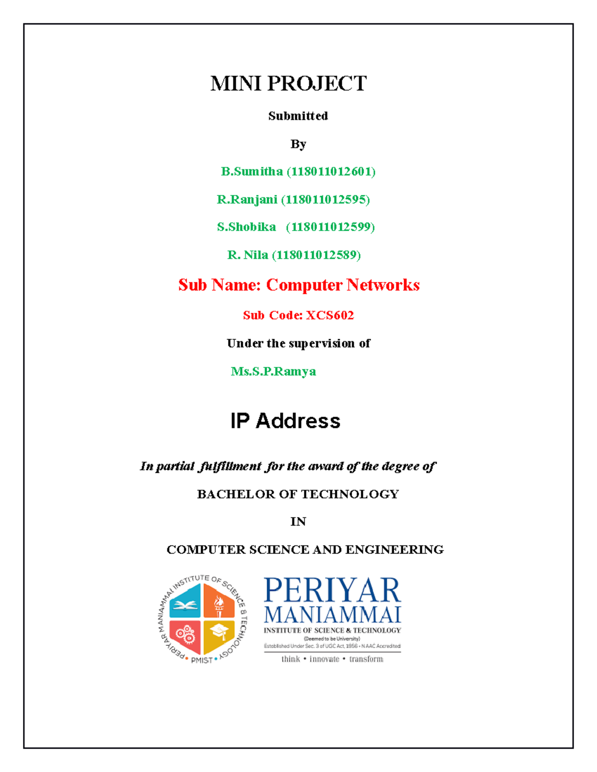 MINI Project on IP Addressing in Computer Networks (XCS) - Studocu
