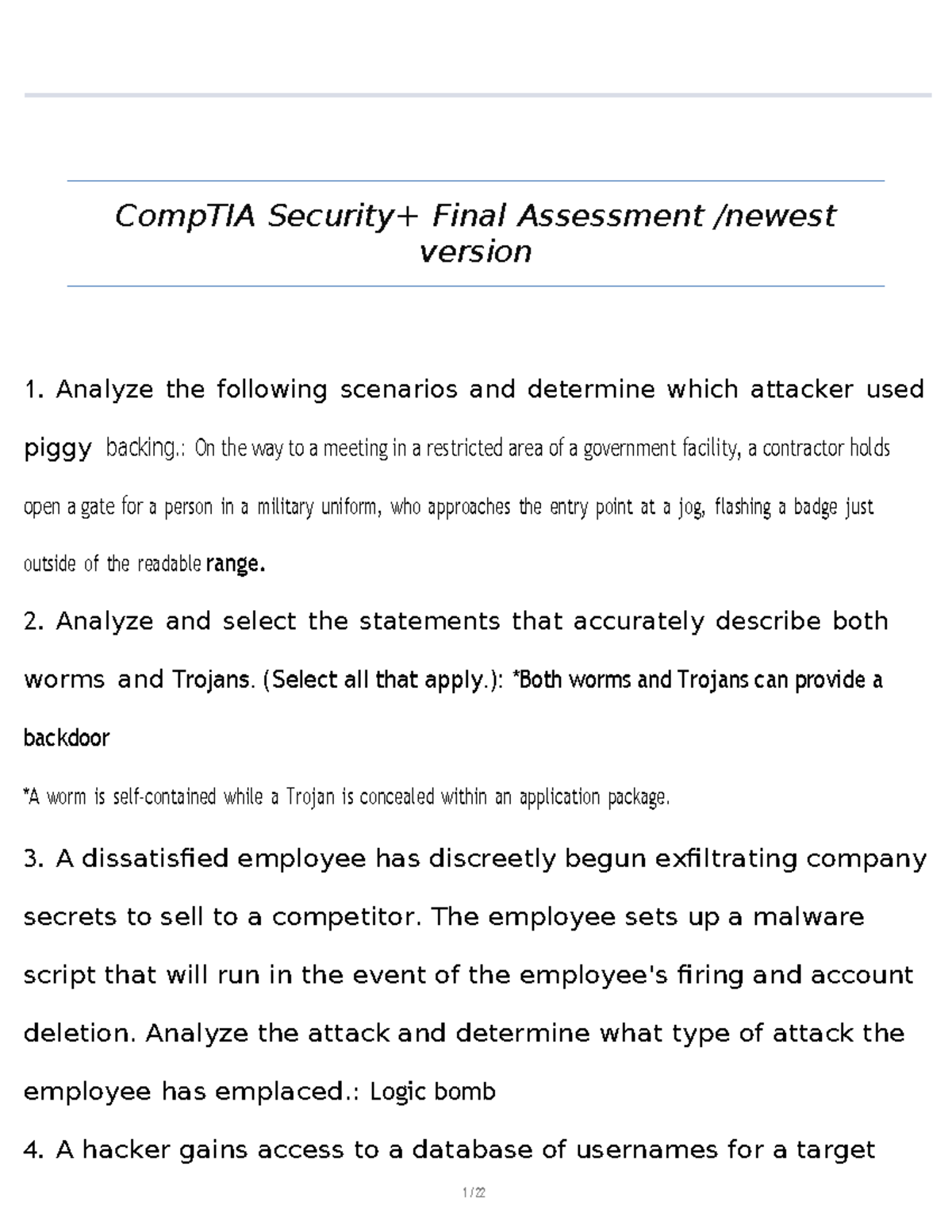 CompTIA Security Final Assessment: Analyzing Threat Scenarios and ...