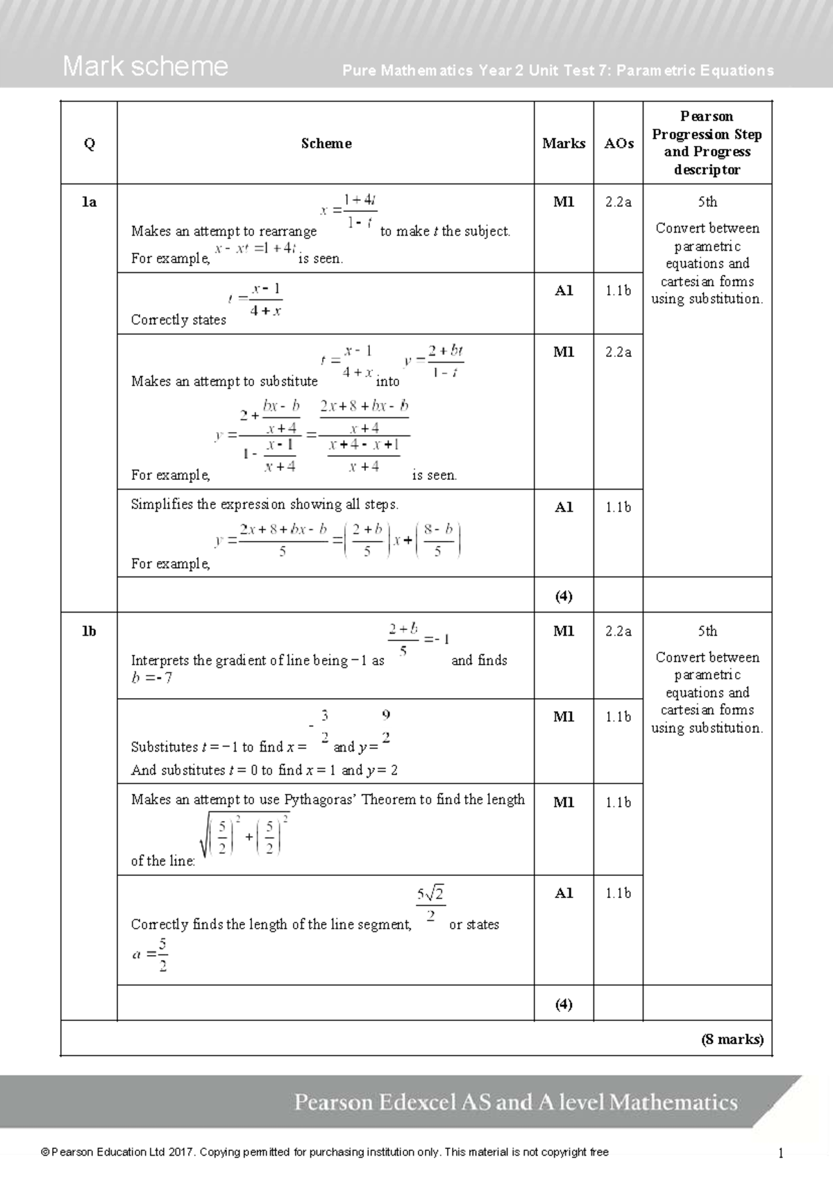 Mark Scheme Q: Pure Mathematics Year 2 Unit Test 7 - Parametric ...
