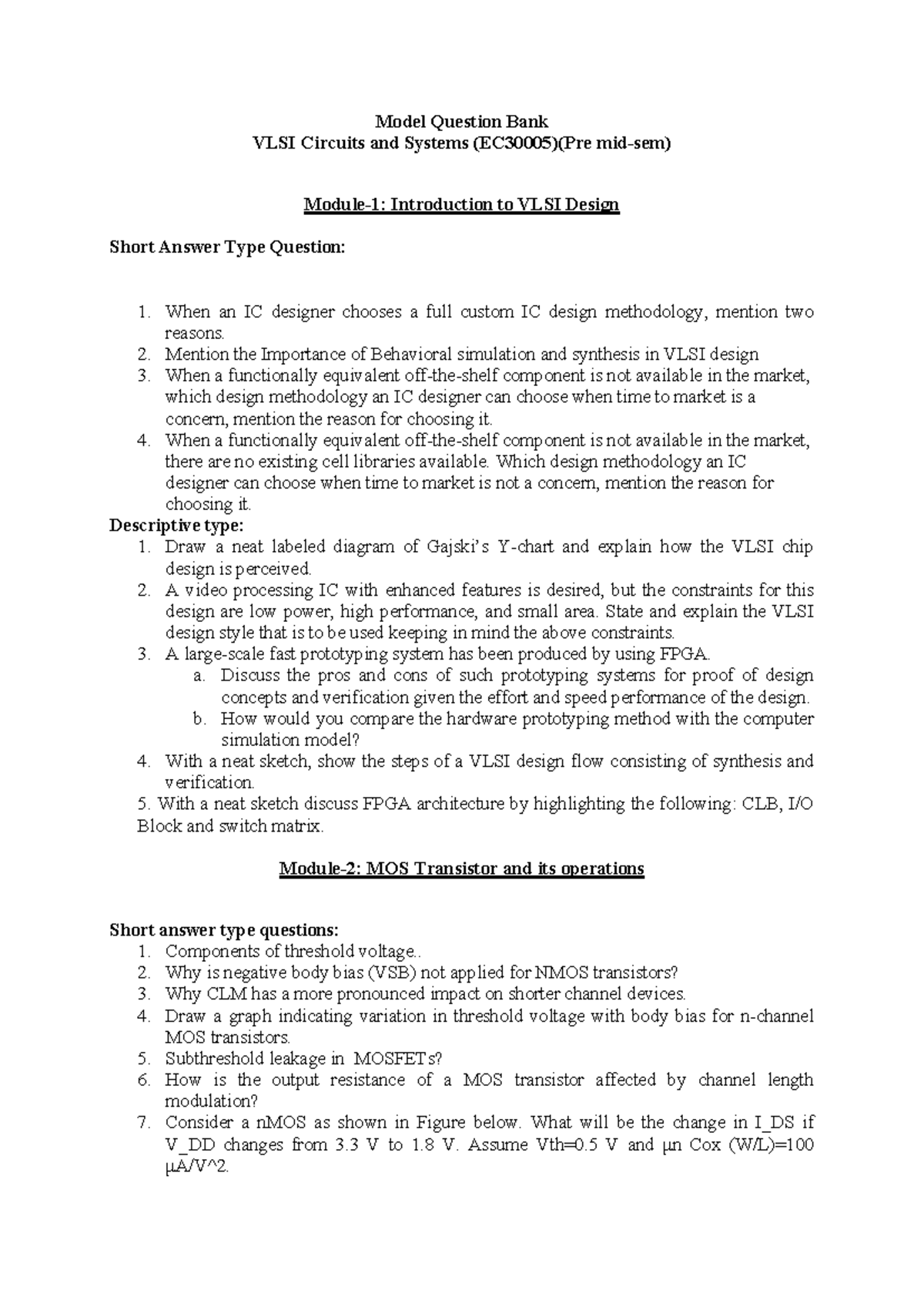 Model Question Bank: VLSI Circuits & Systems Pre Midsem Exam - Studocu