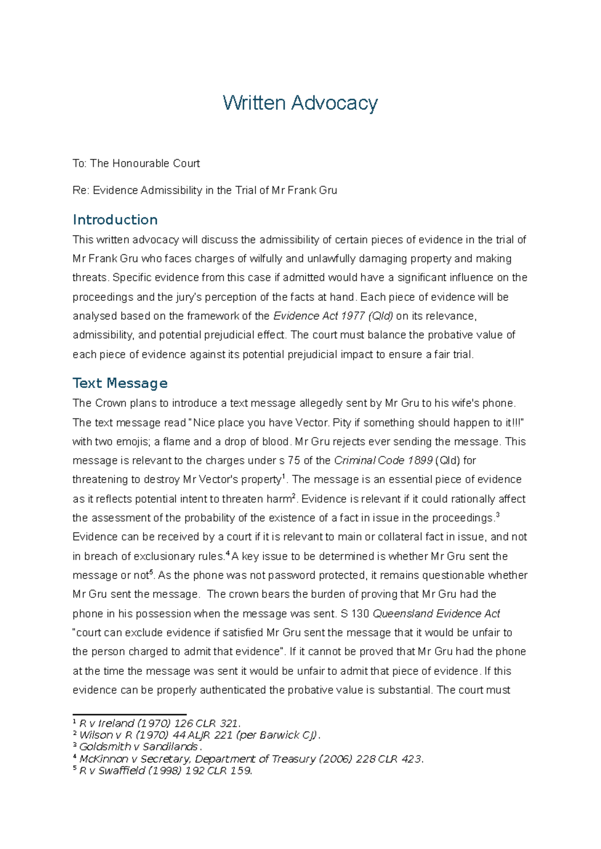 Written Advocacy - Written Advocacy To: The Honourable Court Re ...
