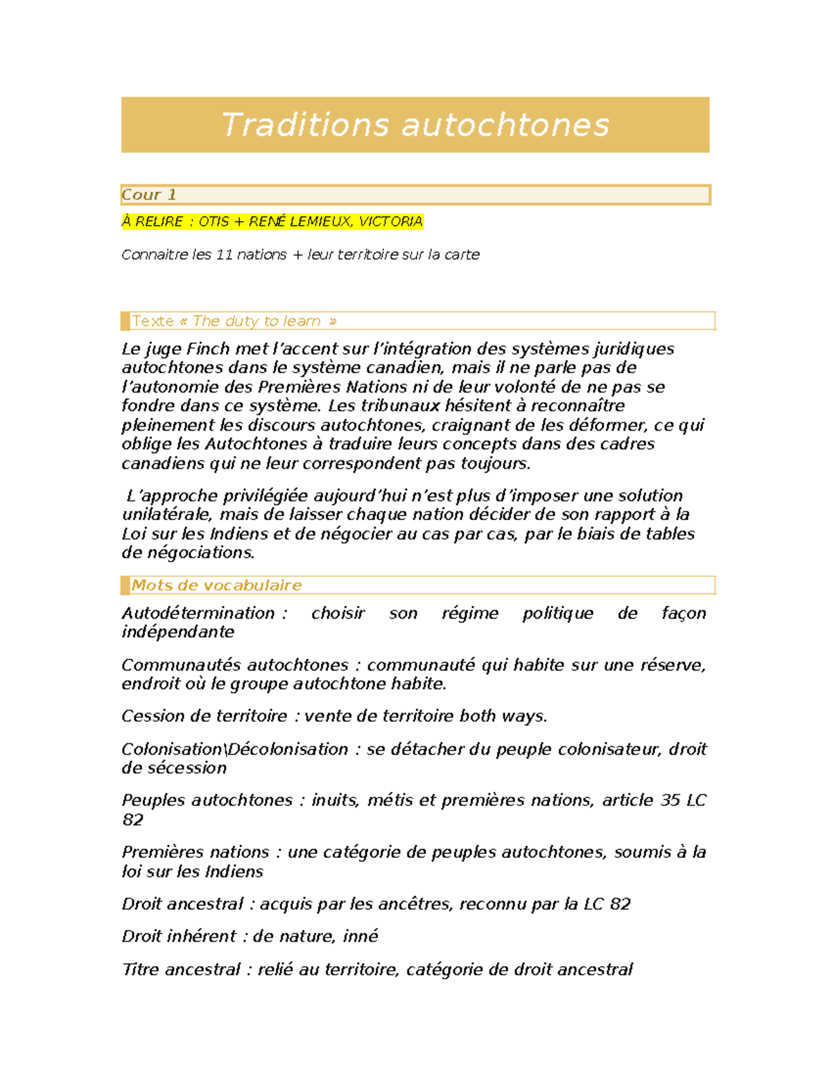 Notes de cours mi-session : Traditions autochtones et Droit (REL 1 ...