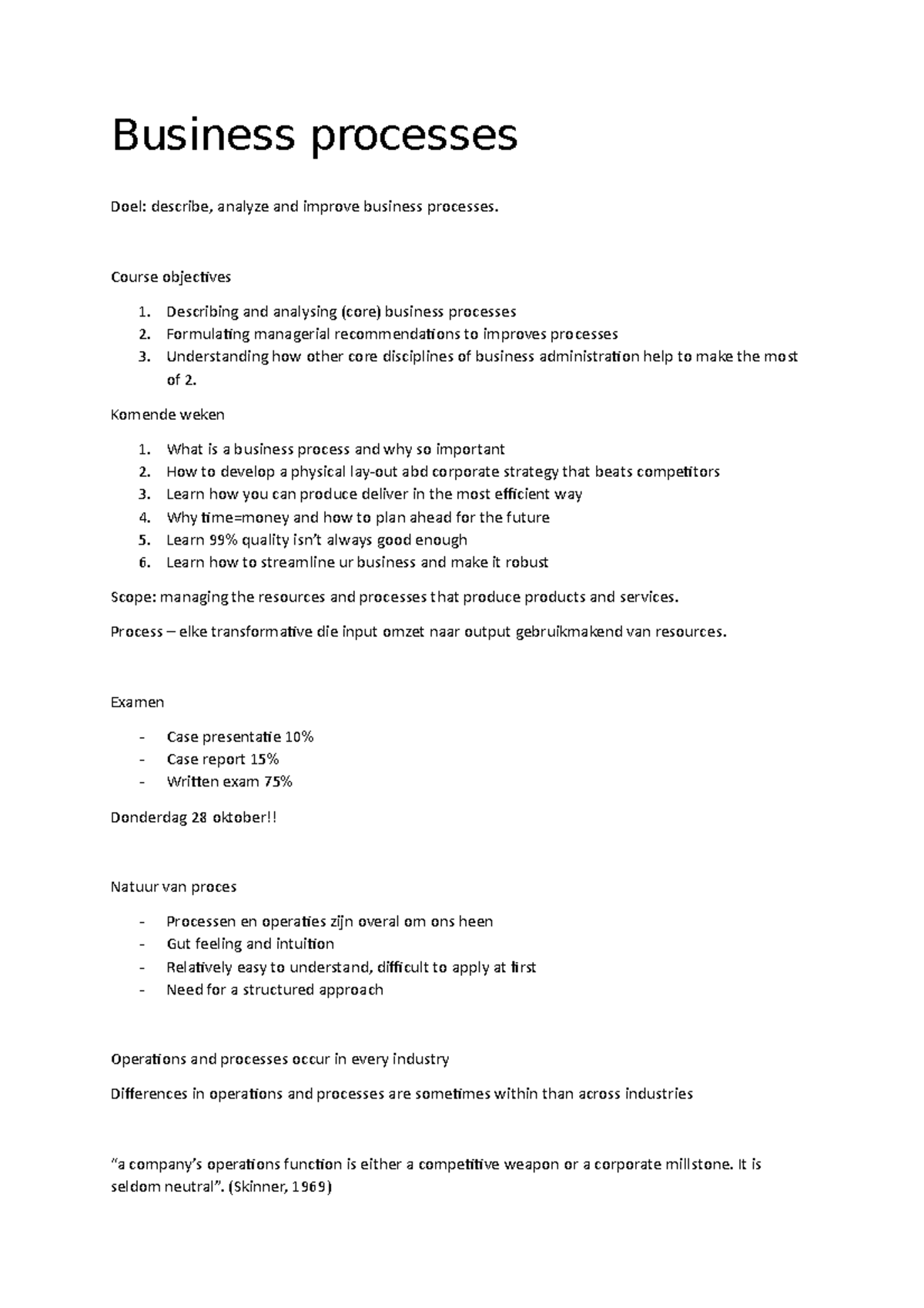 Business Processes (BUS101) Lecture Notes and Study Guide - Studeersnel
